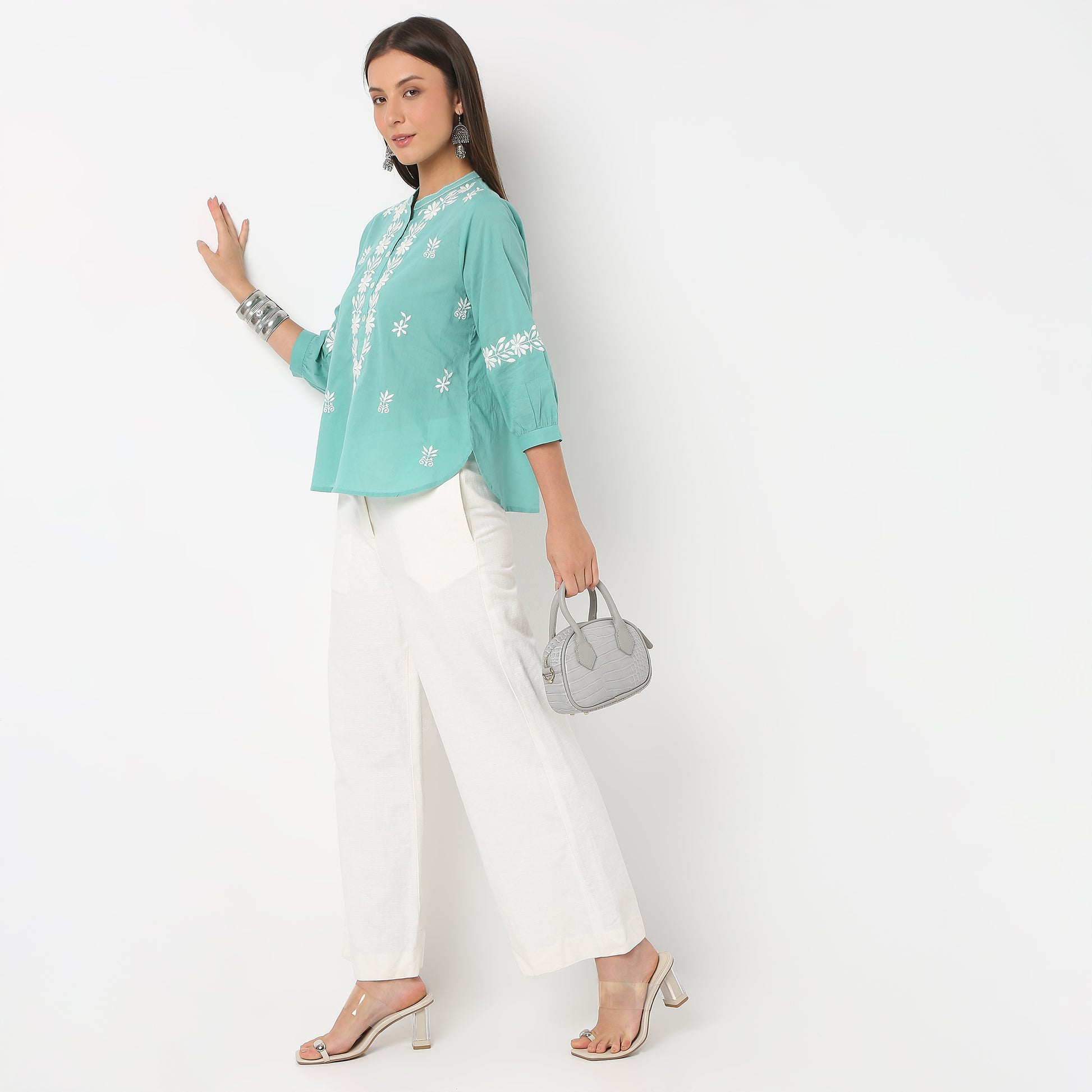 Embroidered Band Neck Full Sleeve Top