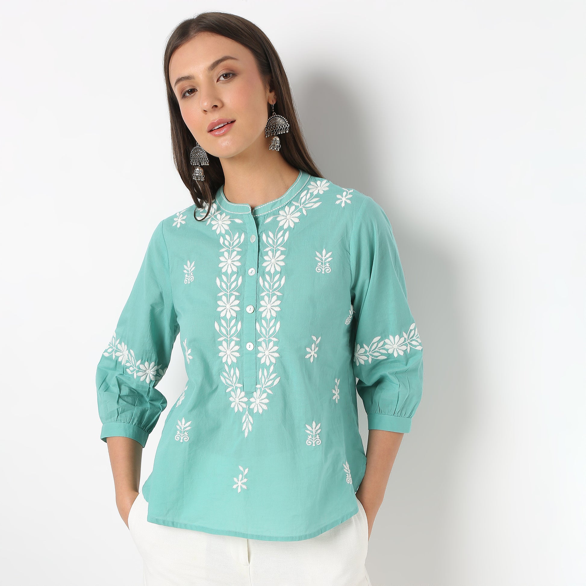 Embroidered Band Neck Full Sleeve Top