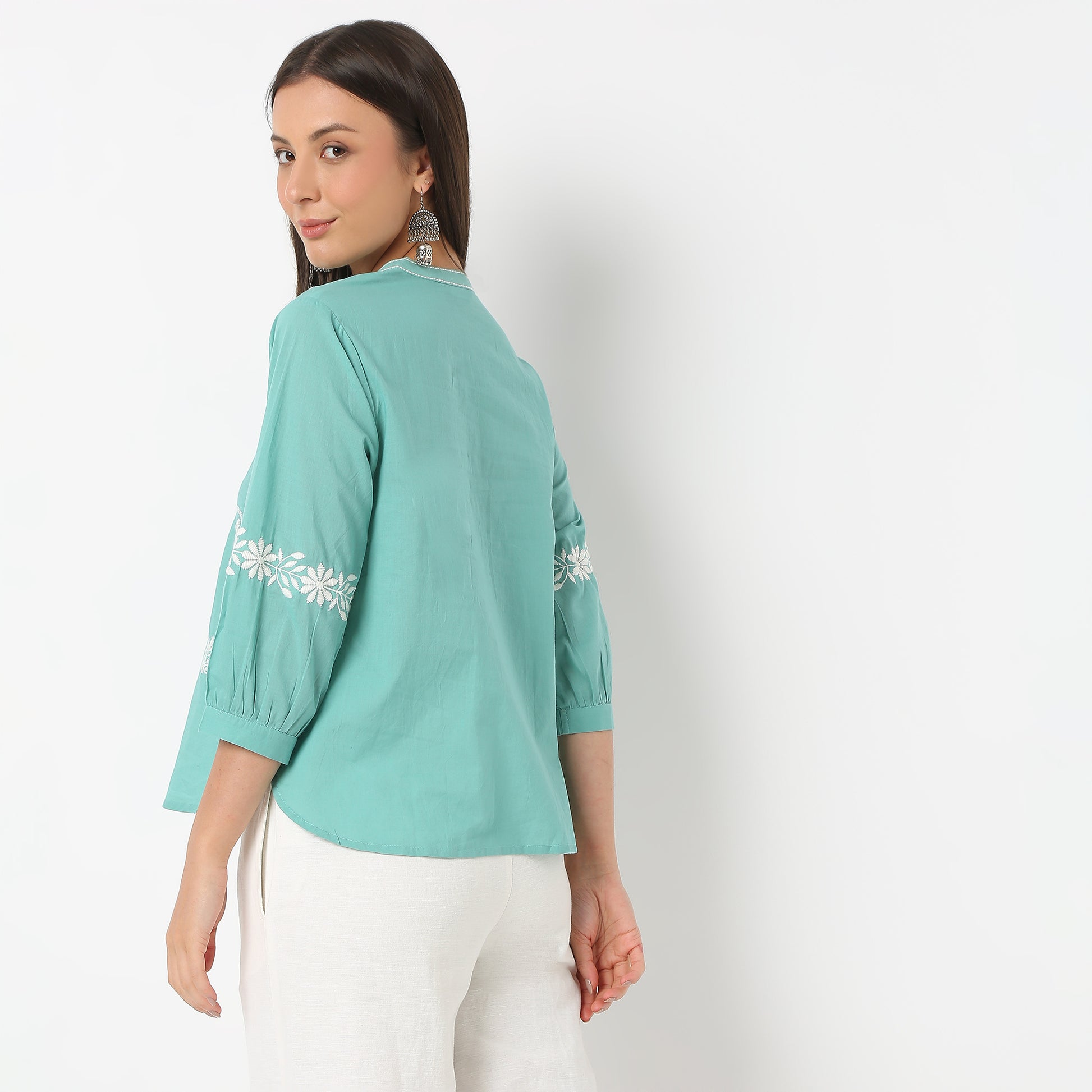 Embroidered Band Neck Full Sleeve Top