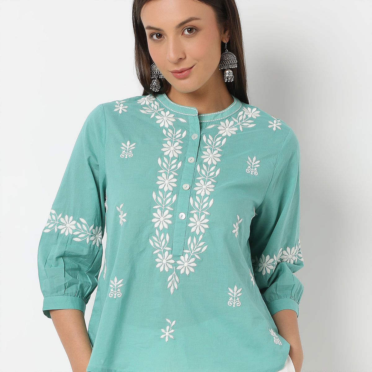 Embroidered Band Neck Full Sleeve Top
