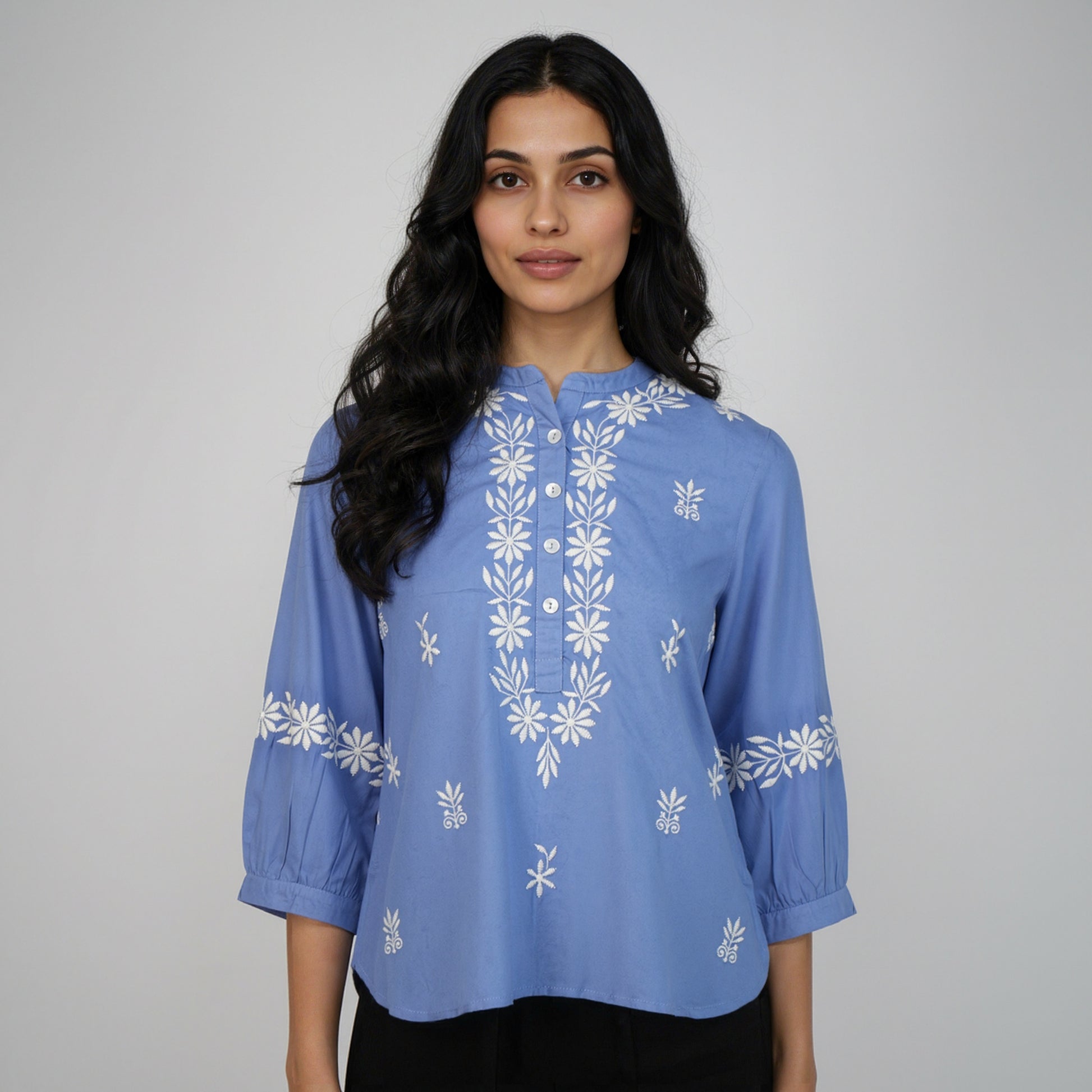 Embroidered Band Neck Full Sleeve Top