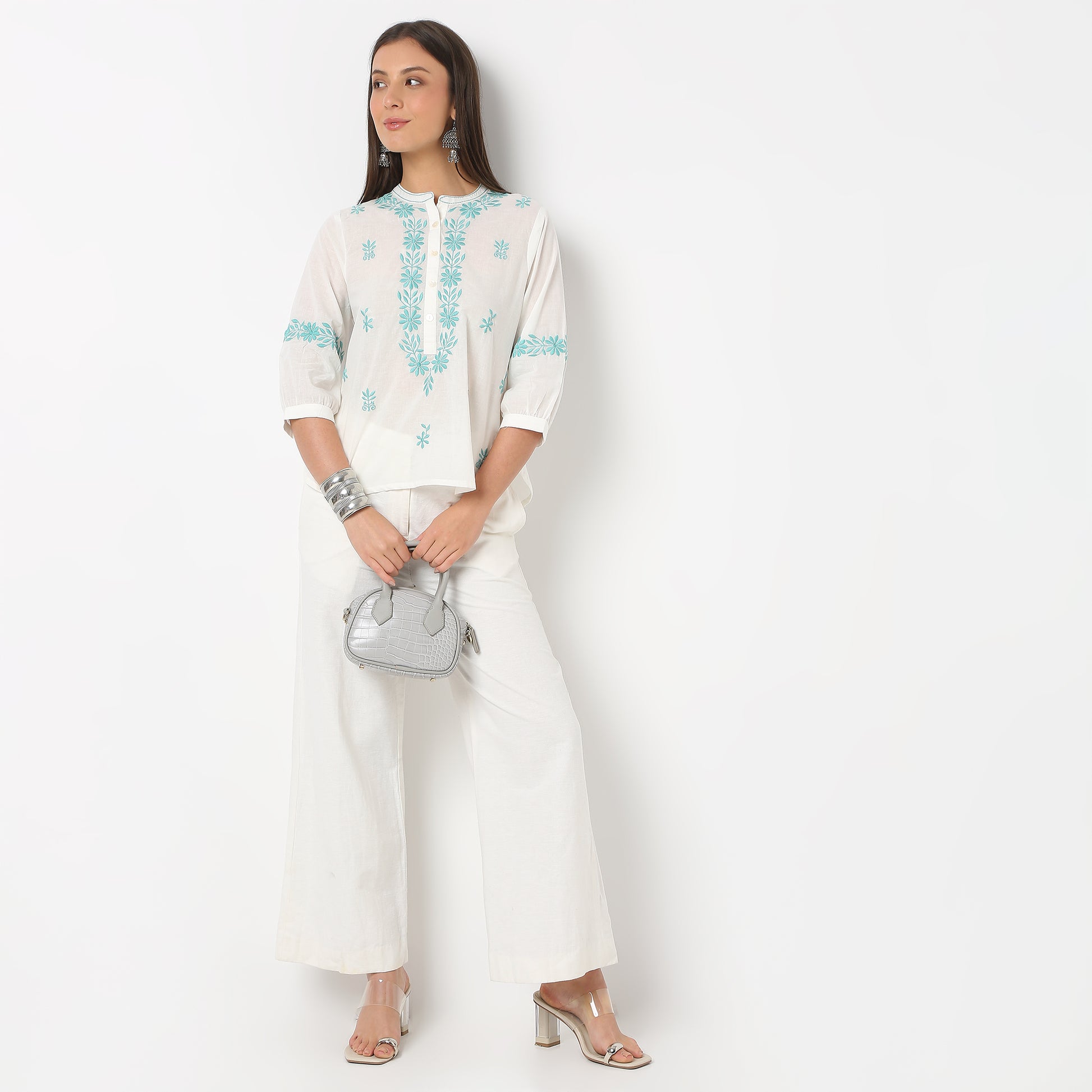 Embroidered Band Neck Full Sleeve Top