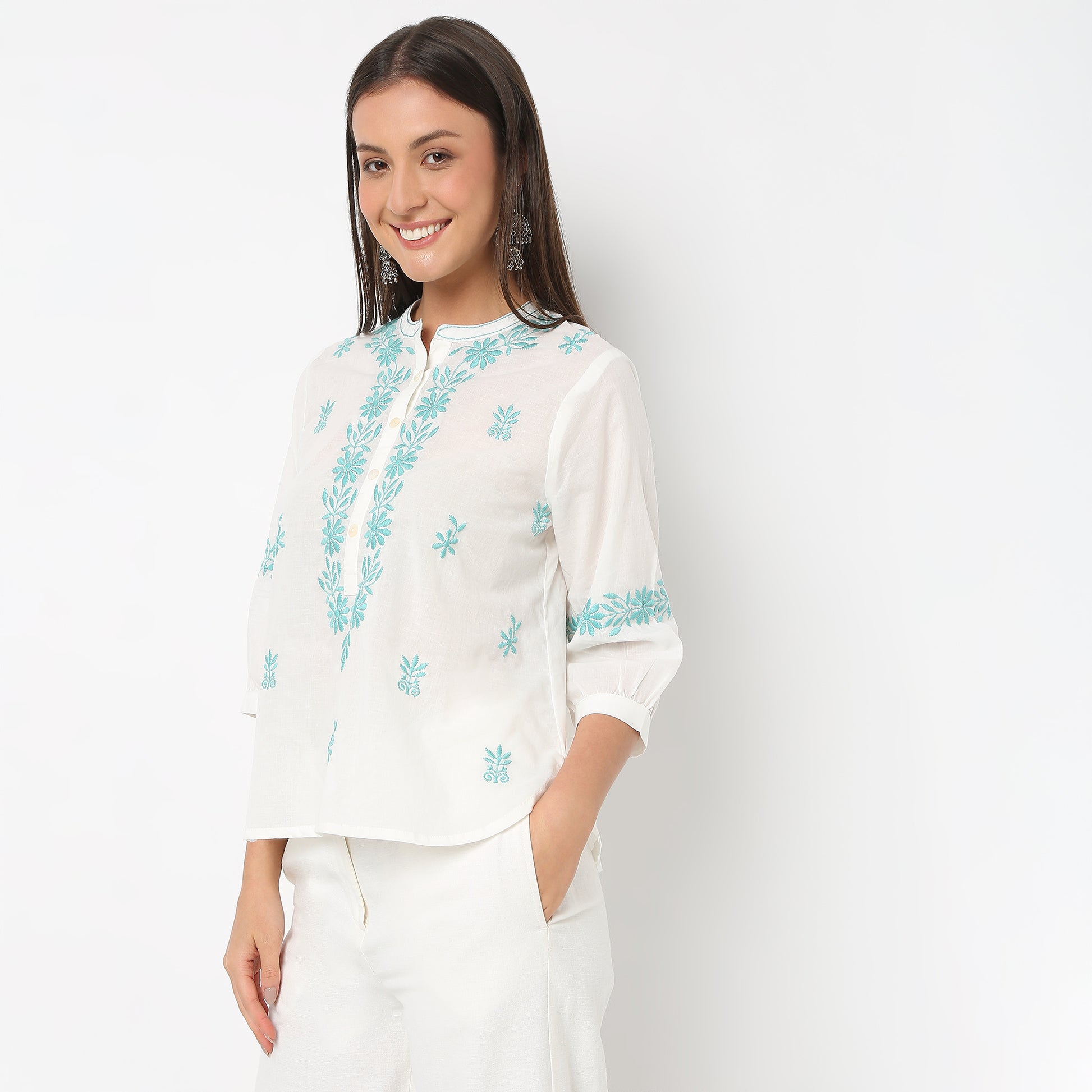 Embroidered Band Neck Full Sleeve Top