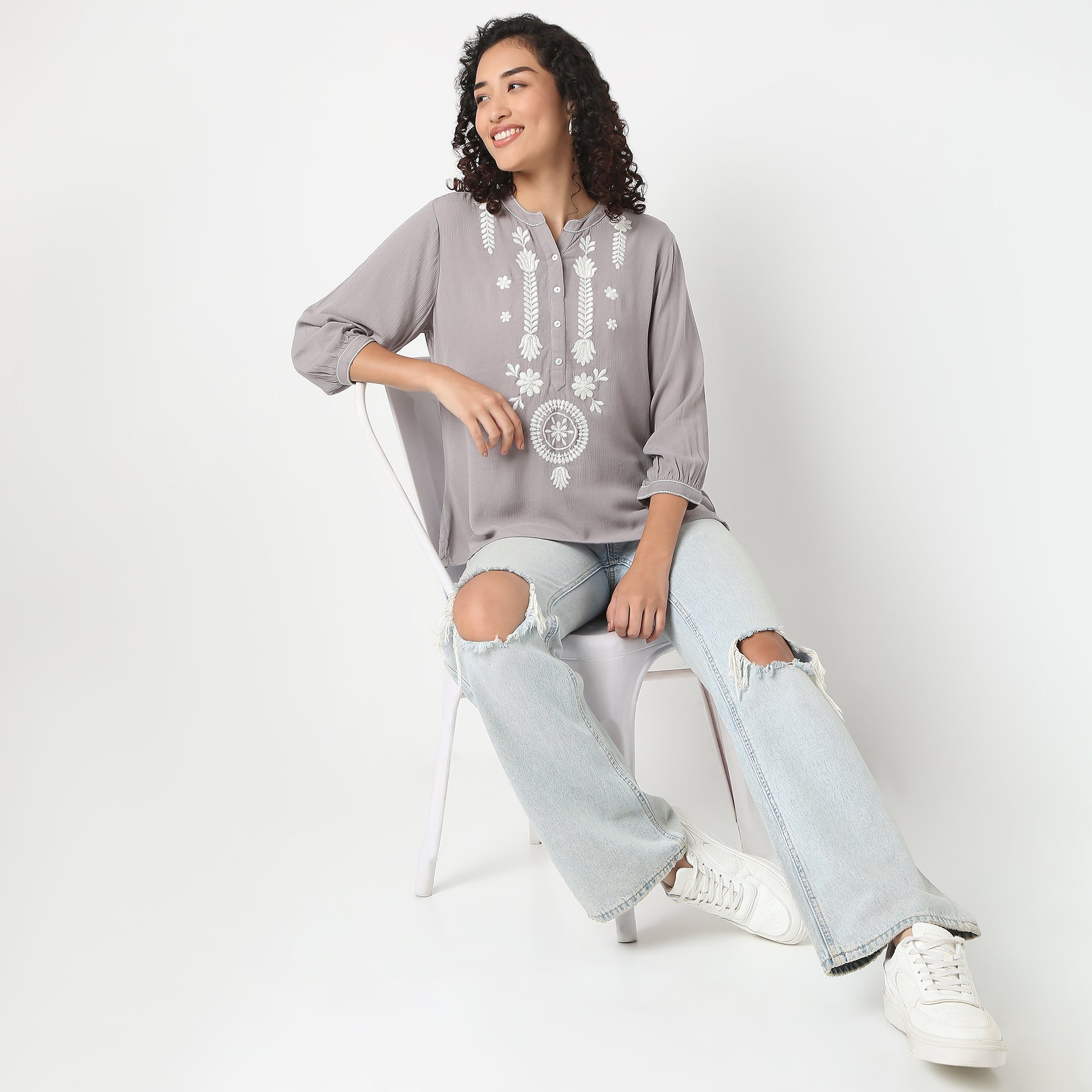 Straight Fit Embroidered Band Neck Tunic