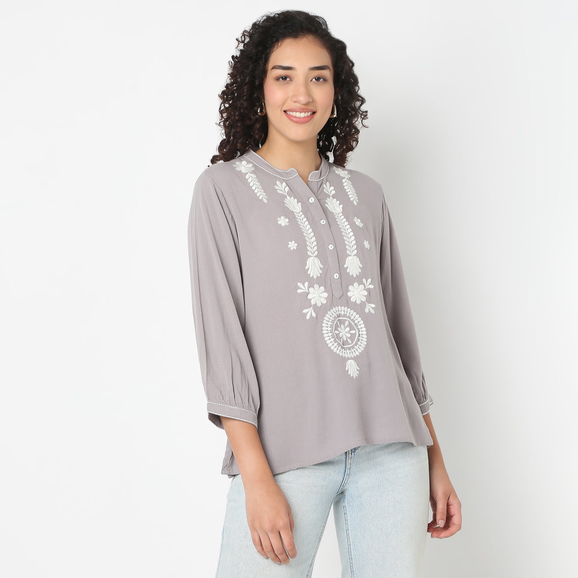 Straight Fit Embroidered Band Neck Tunic