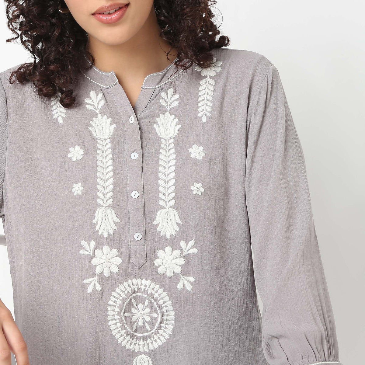 Straight Fit Embroidered Band Neck Tunic