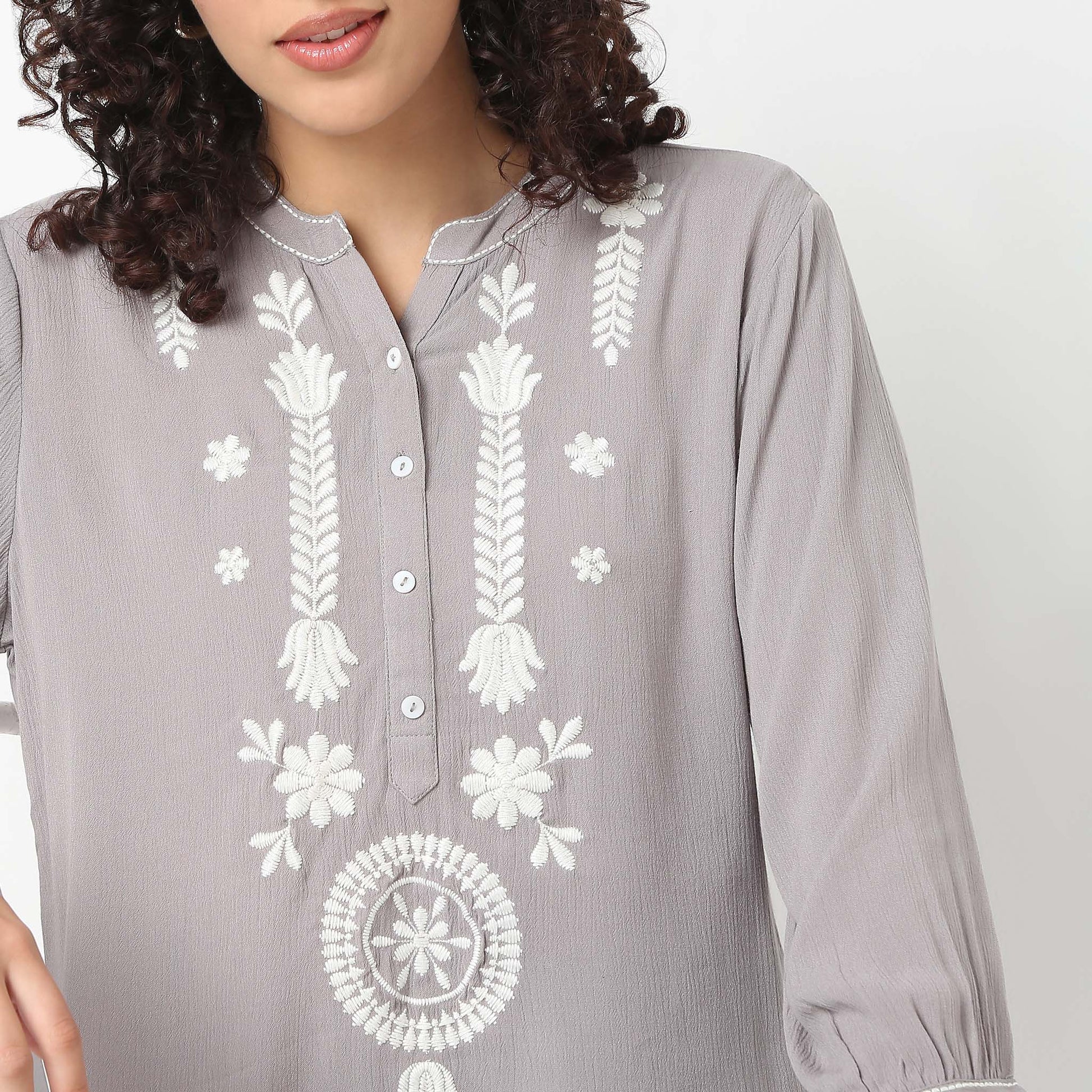 Straight Fit Embroidered Band Neck Tunic