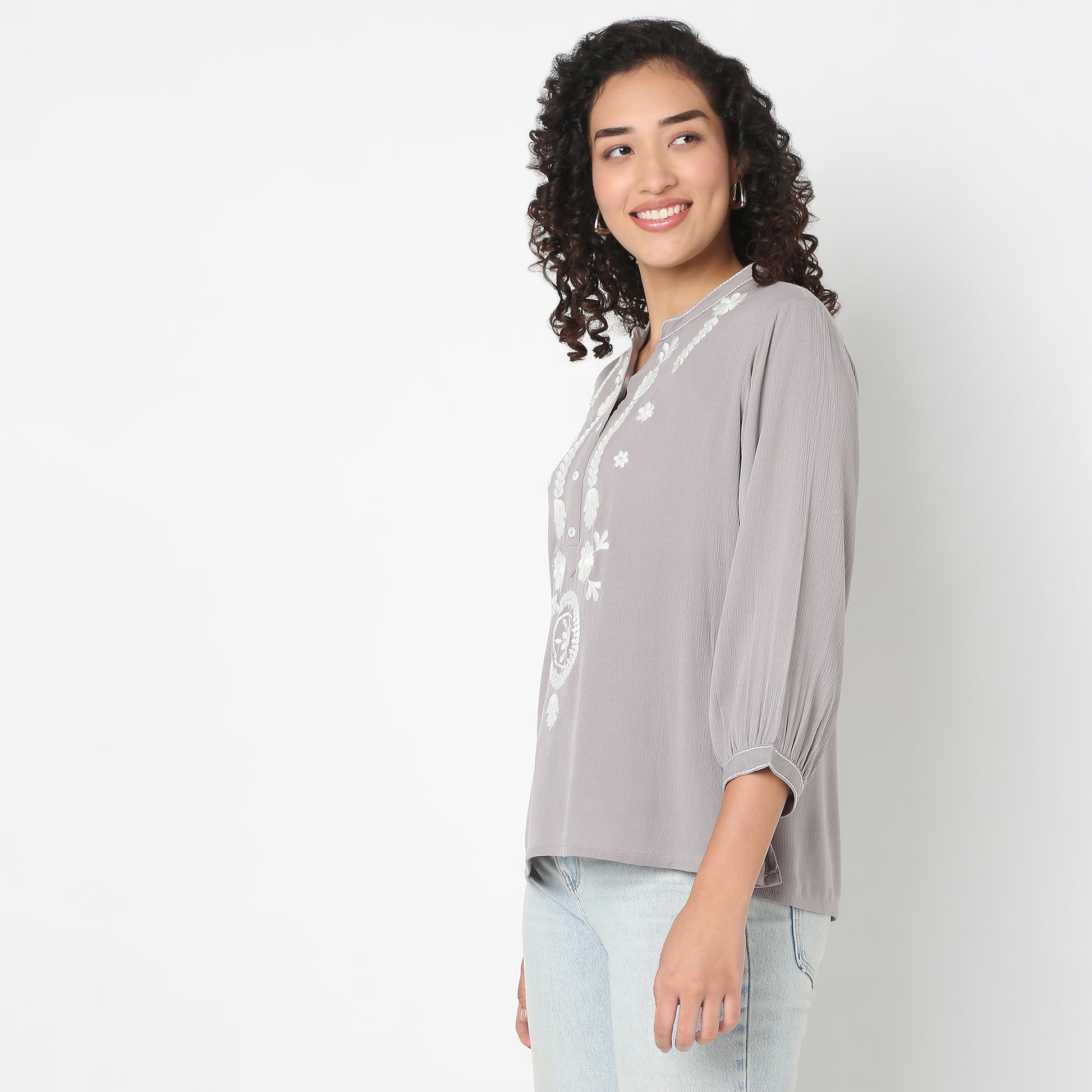 Straight Fit Embroidered Band Neck Tunic