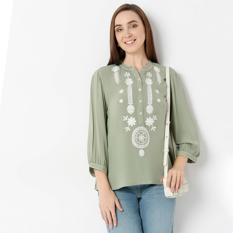 Straight Fit Embroidered Band Neck Tunic