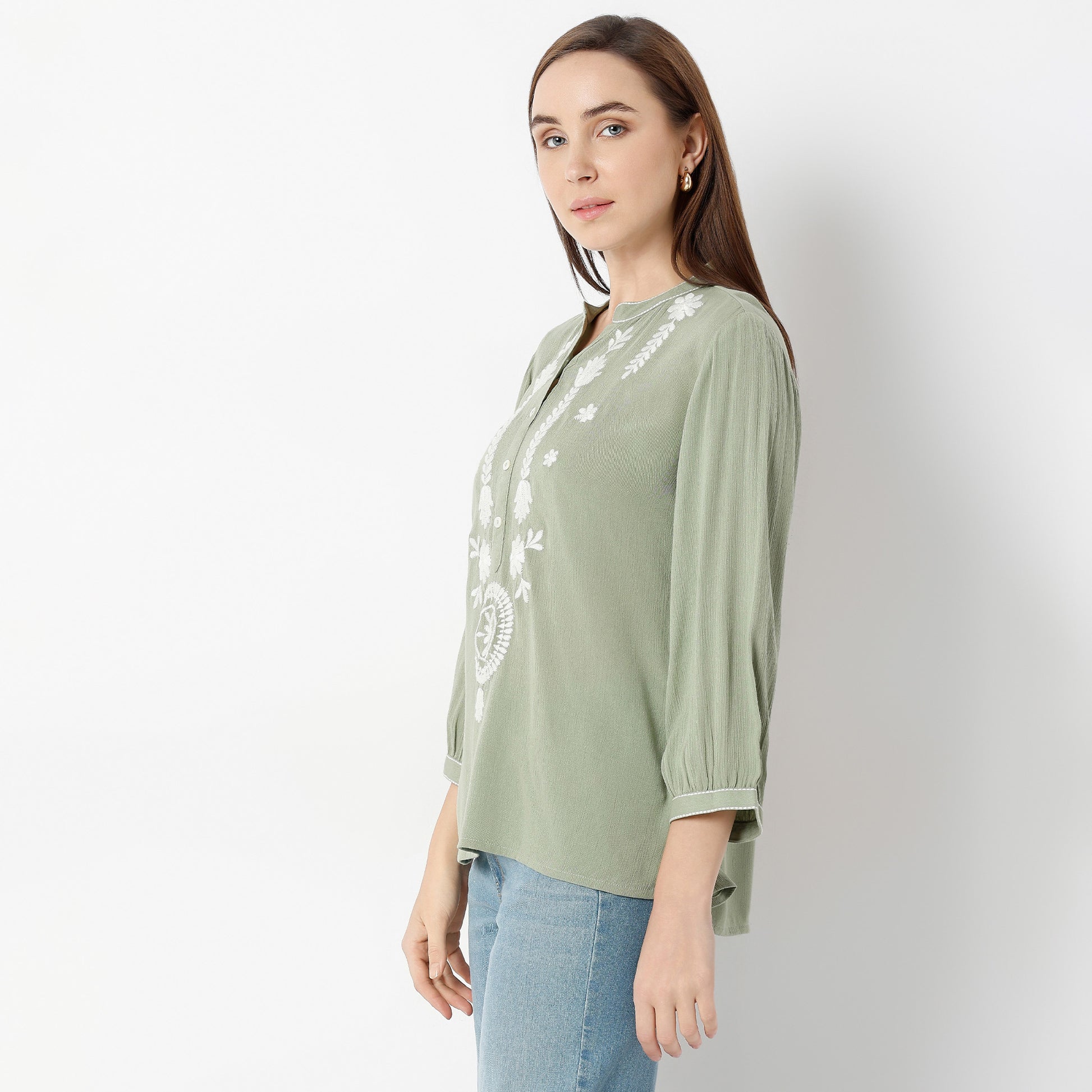 Straight Fit Embroidered Band Neck Tunic