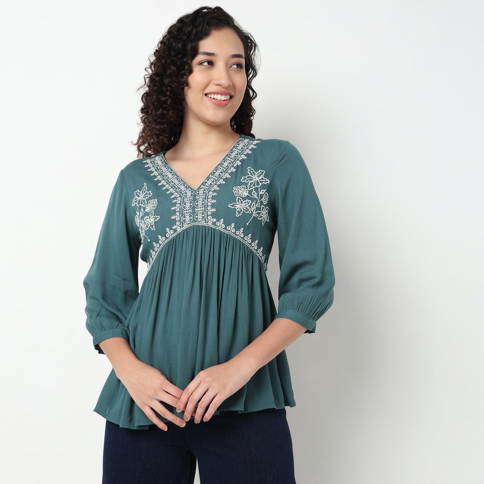Alia Cut Top With Gathered Sleeve