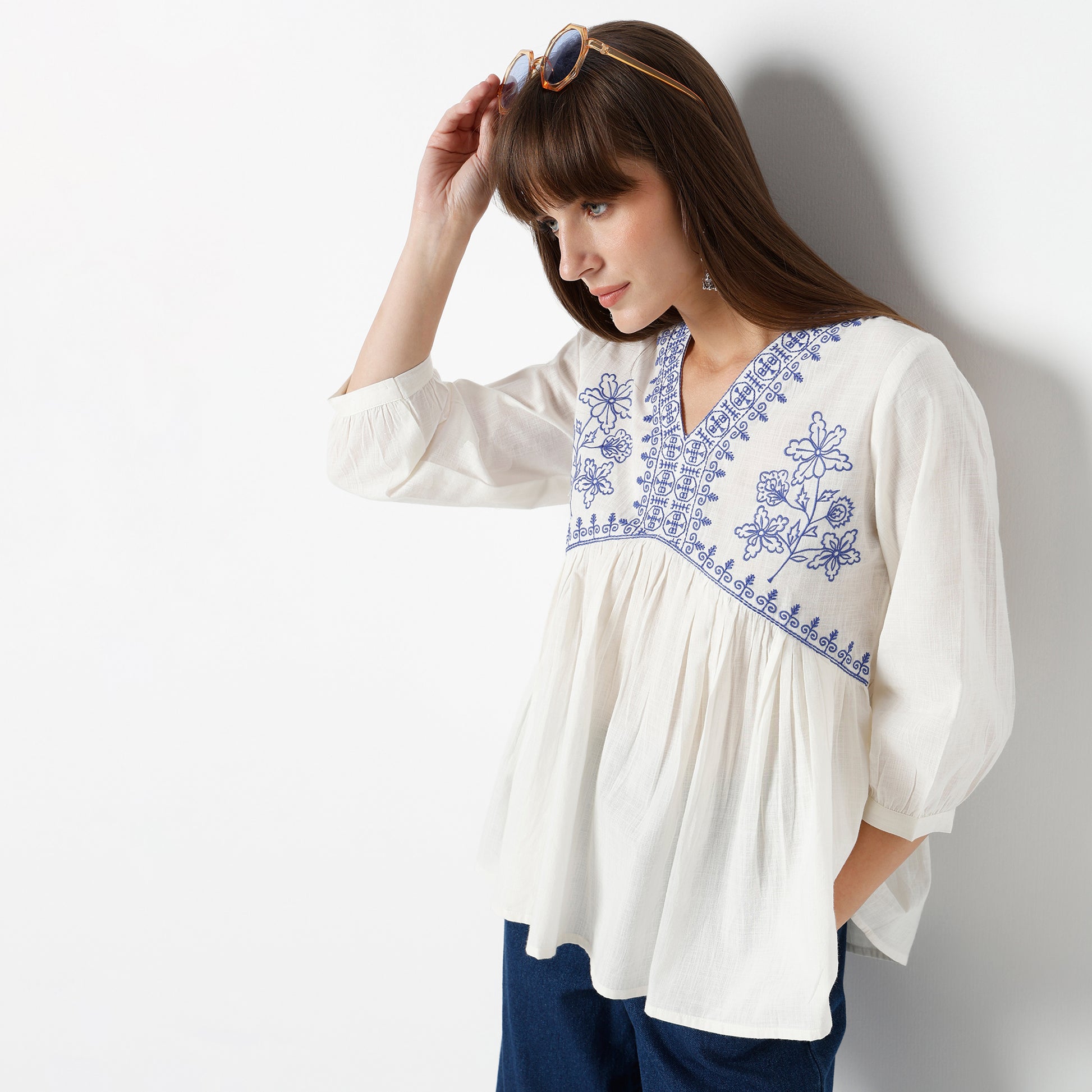 Alia Cut Top With Gathered Sleeve