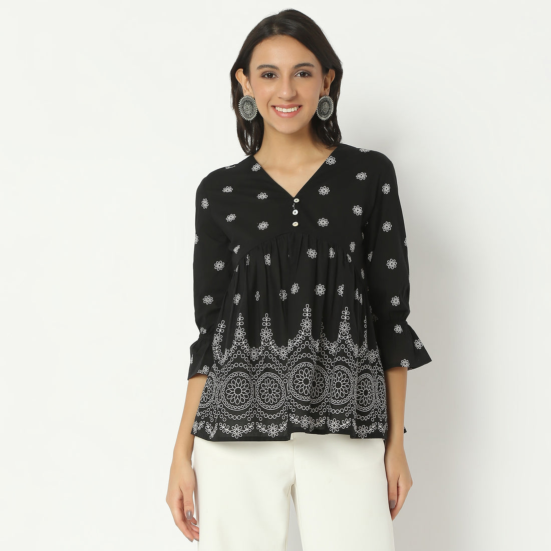 Flare Fit Printed V-Neck Short Length Top