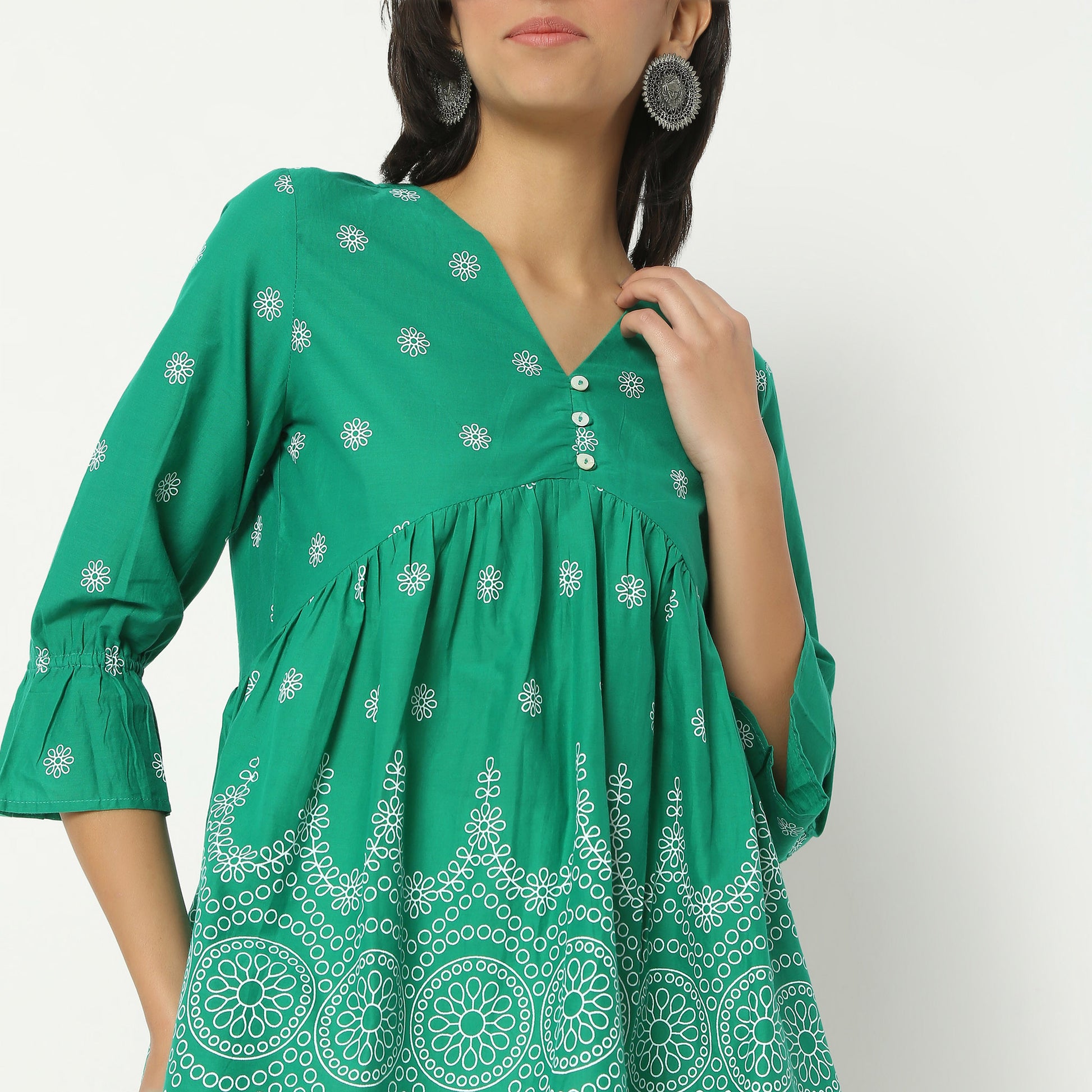 Flare Fit Printed V-Neck Short Length Top