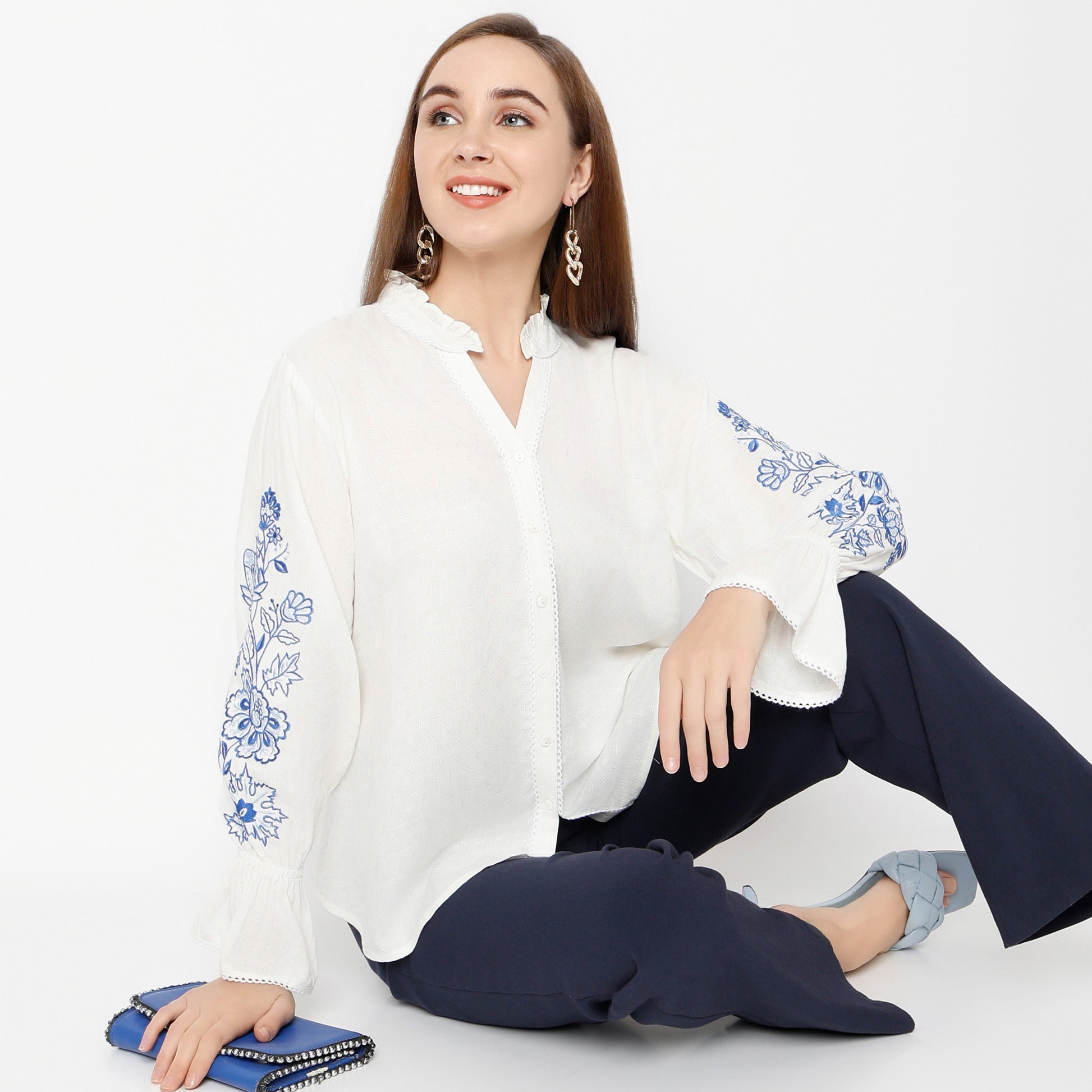 Relaxed Fit Embroidered Band Neck Top