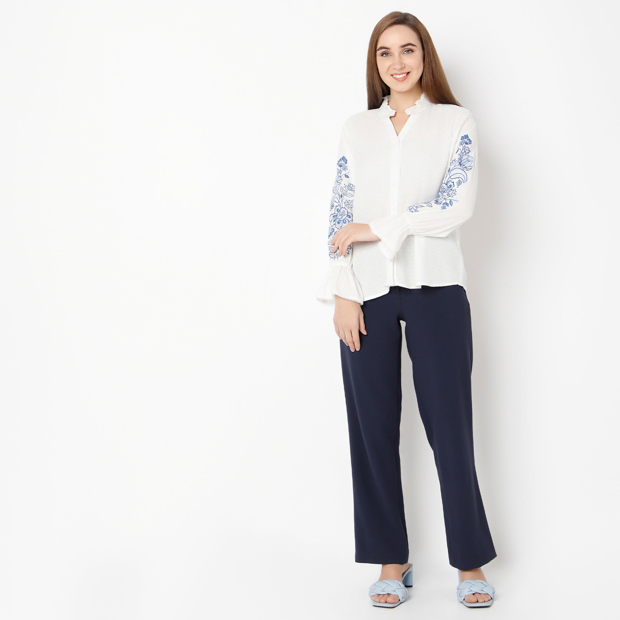 Relaxed Fit Embroidered Band Neck Top