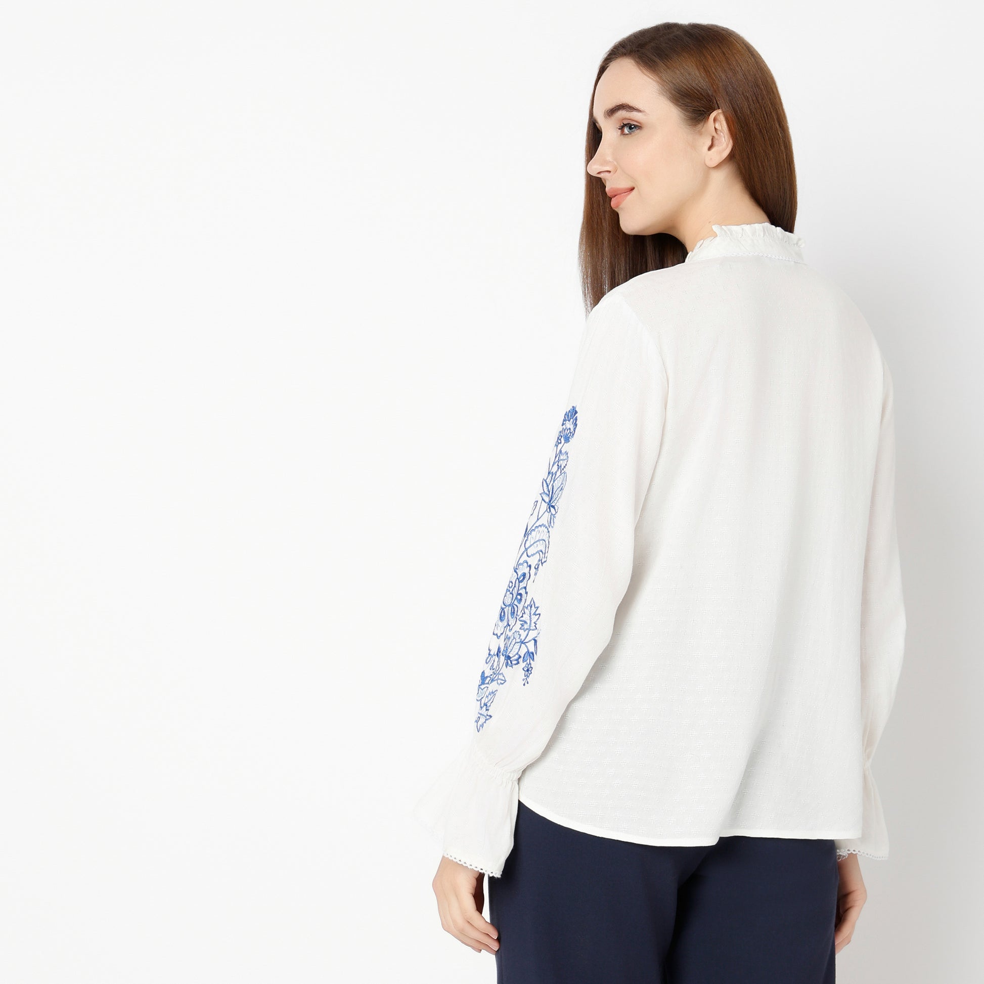 Relaxed Fit Embroidered Band Neck Top
