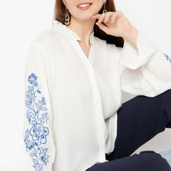 Relaxed Fit Embroidered Band Neck Top