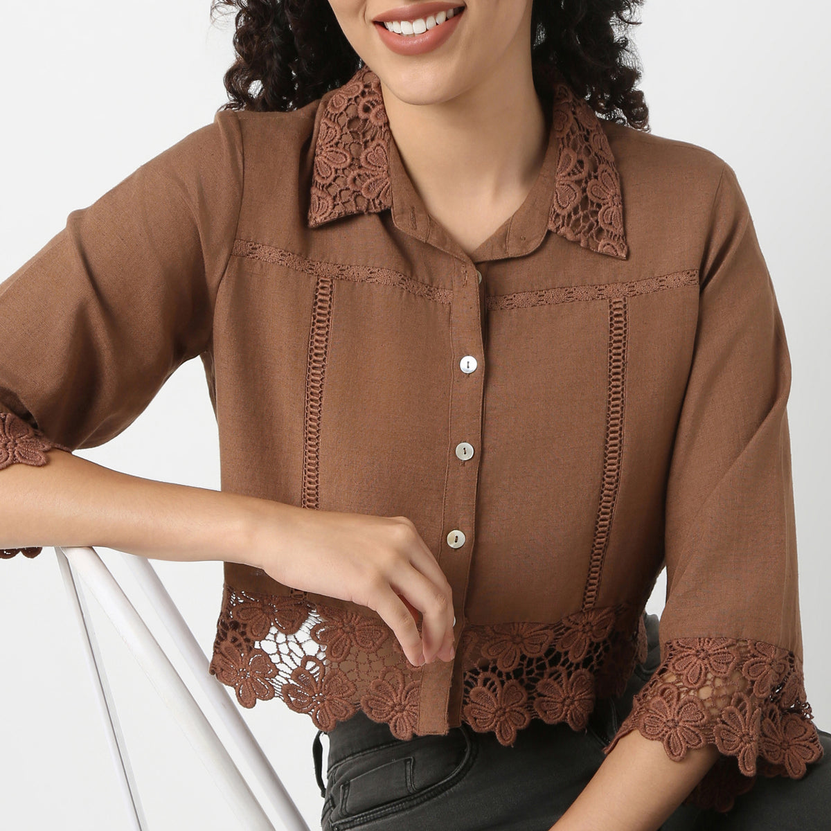 Boxy Crop Shirt With Lace Detailing