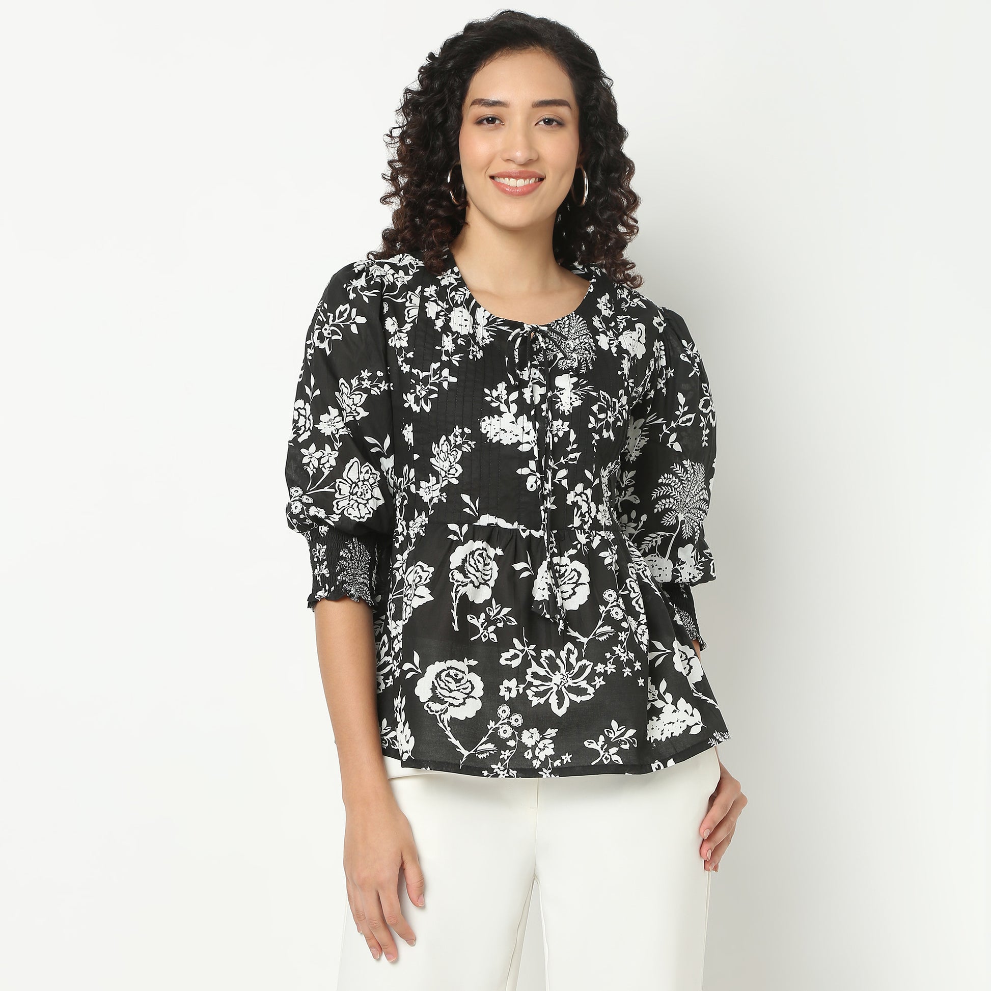 Flare Fit Floral Print Tie-Up Neck Top