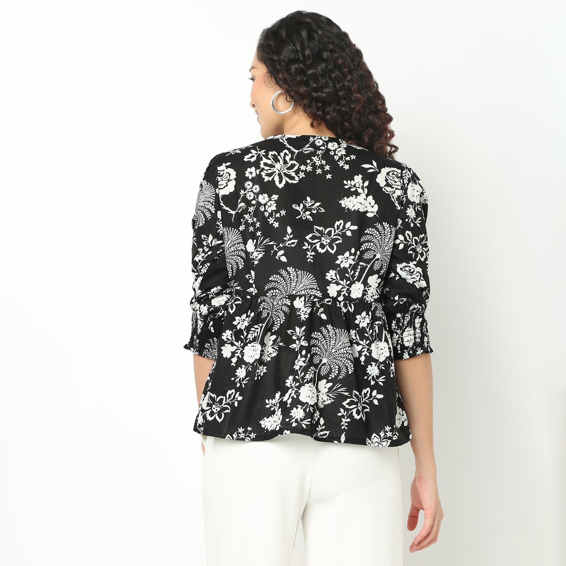 Flare Fit Floral Print Tie-Up Neck Top