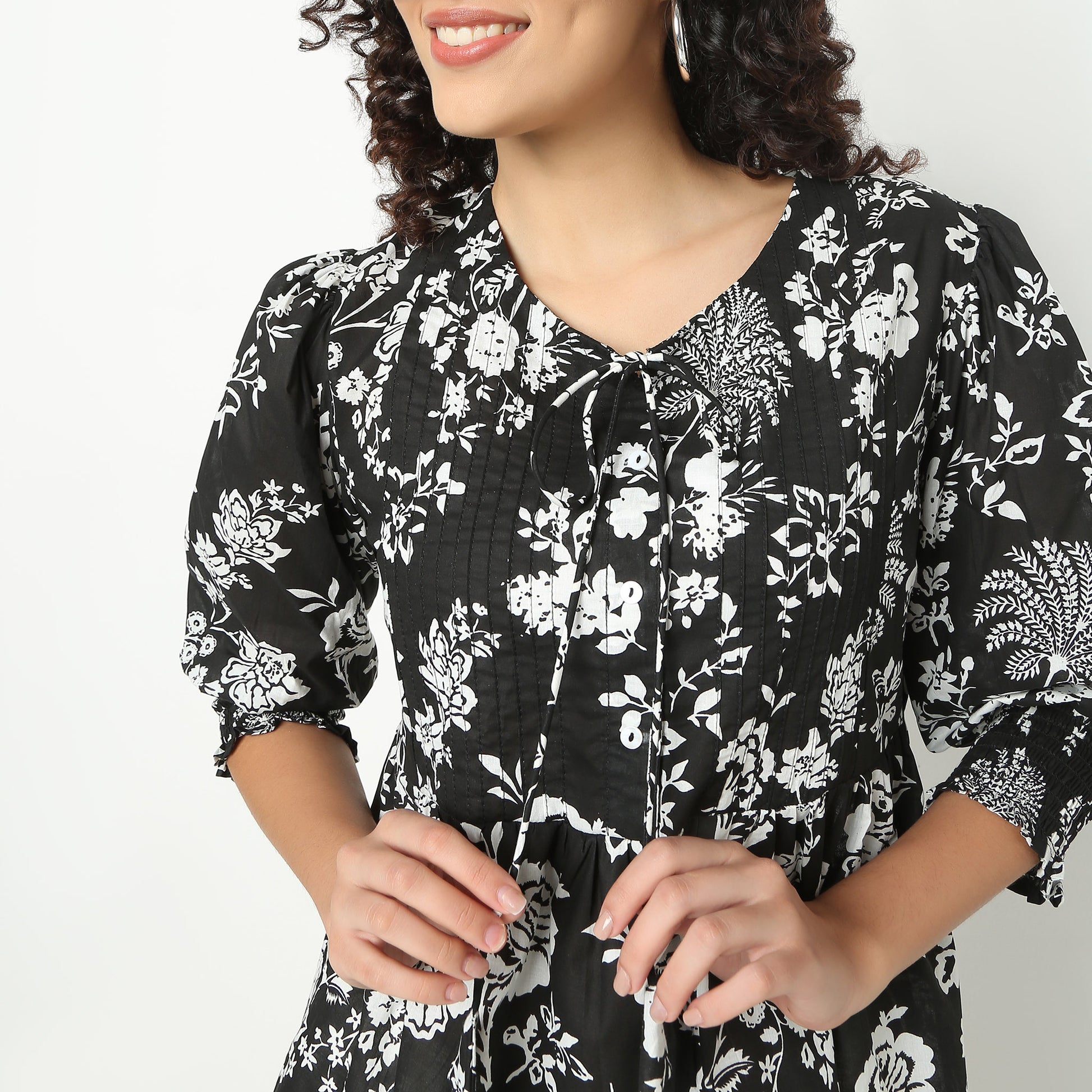 Flare Fit Floral Print Tie-Up Neck Top