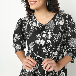 Flare Fit Floral Print Tie-Up Neck Top