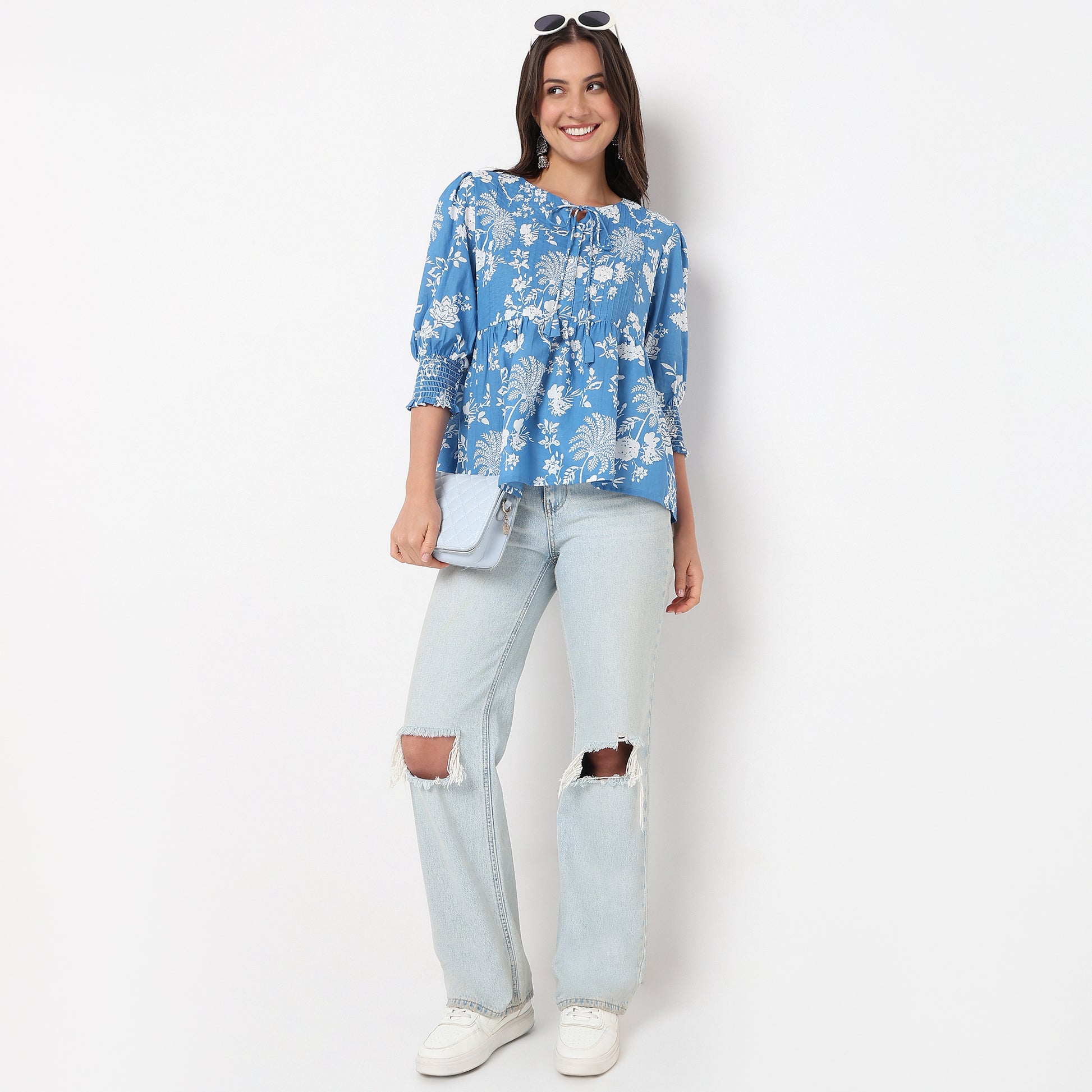 Flare Fit Floral Print Tie-Up Neck Top