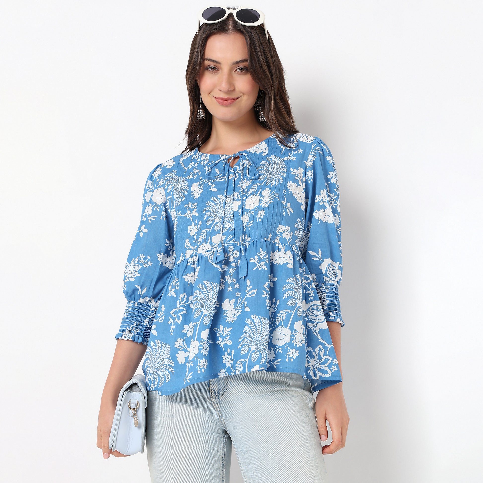 Flare Fit Floral Print Tie-Up Neck Top