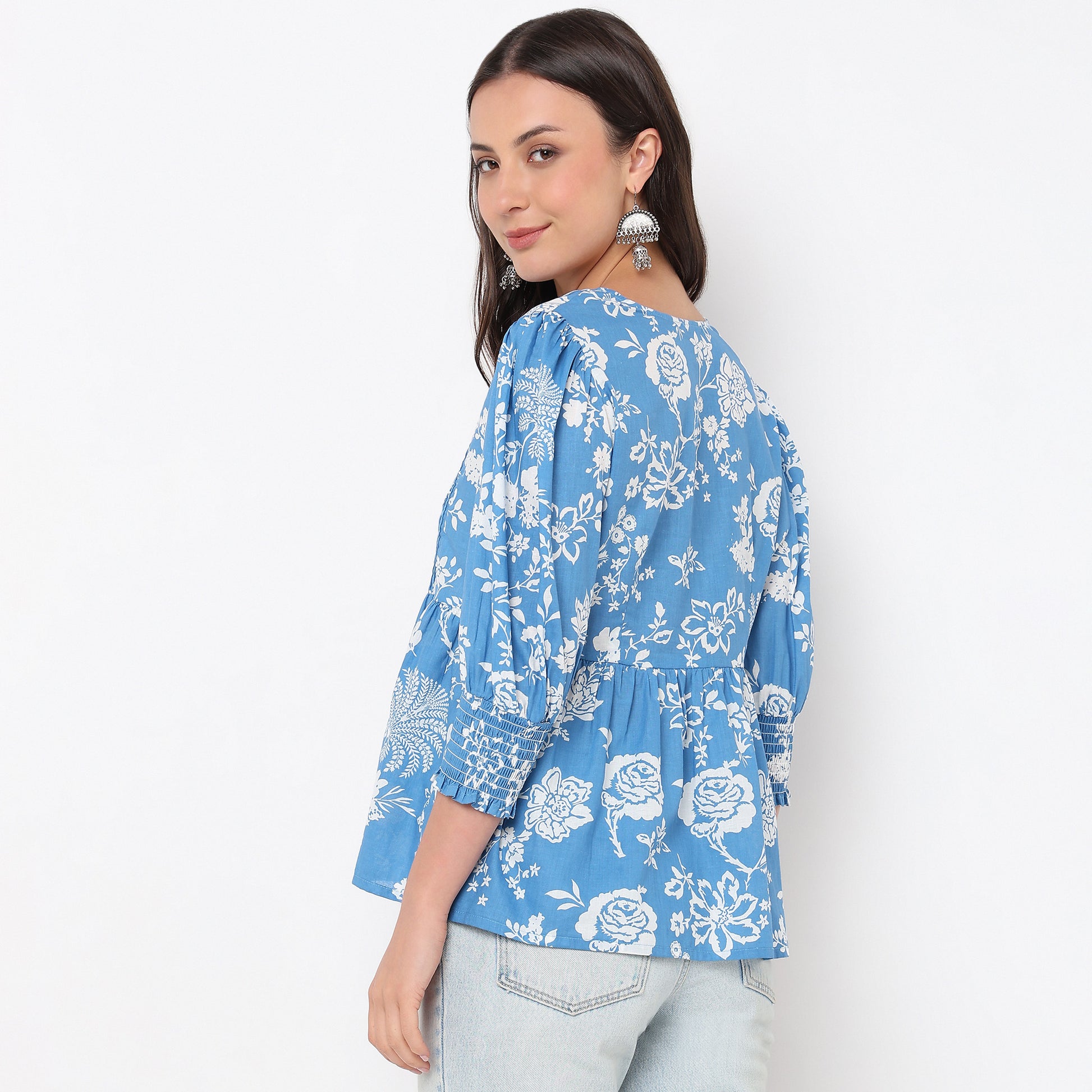 Flare Fit Floral Print Tie-Up Neck Top