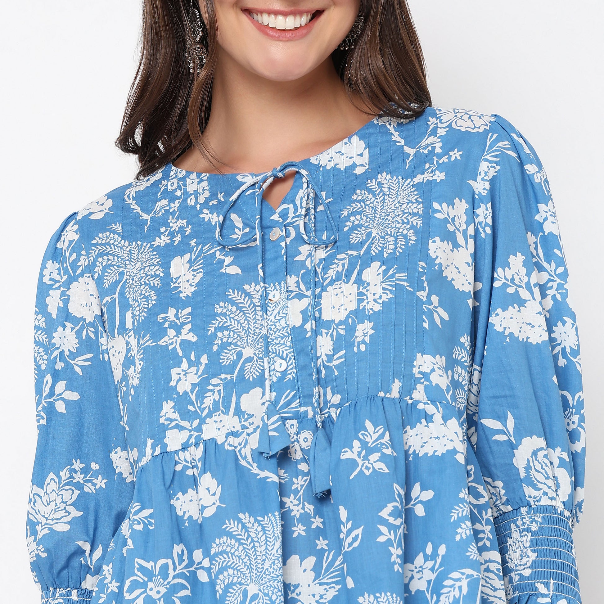 Flare Fit Floral Print Tie-Up Neck Top