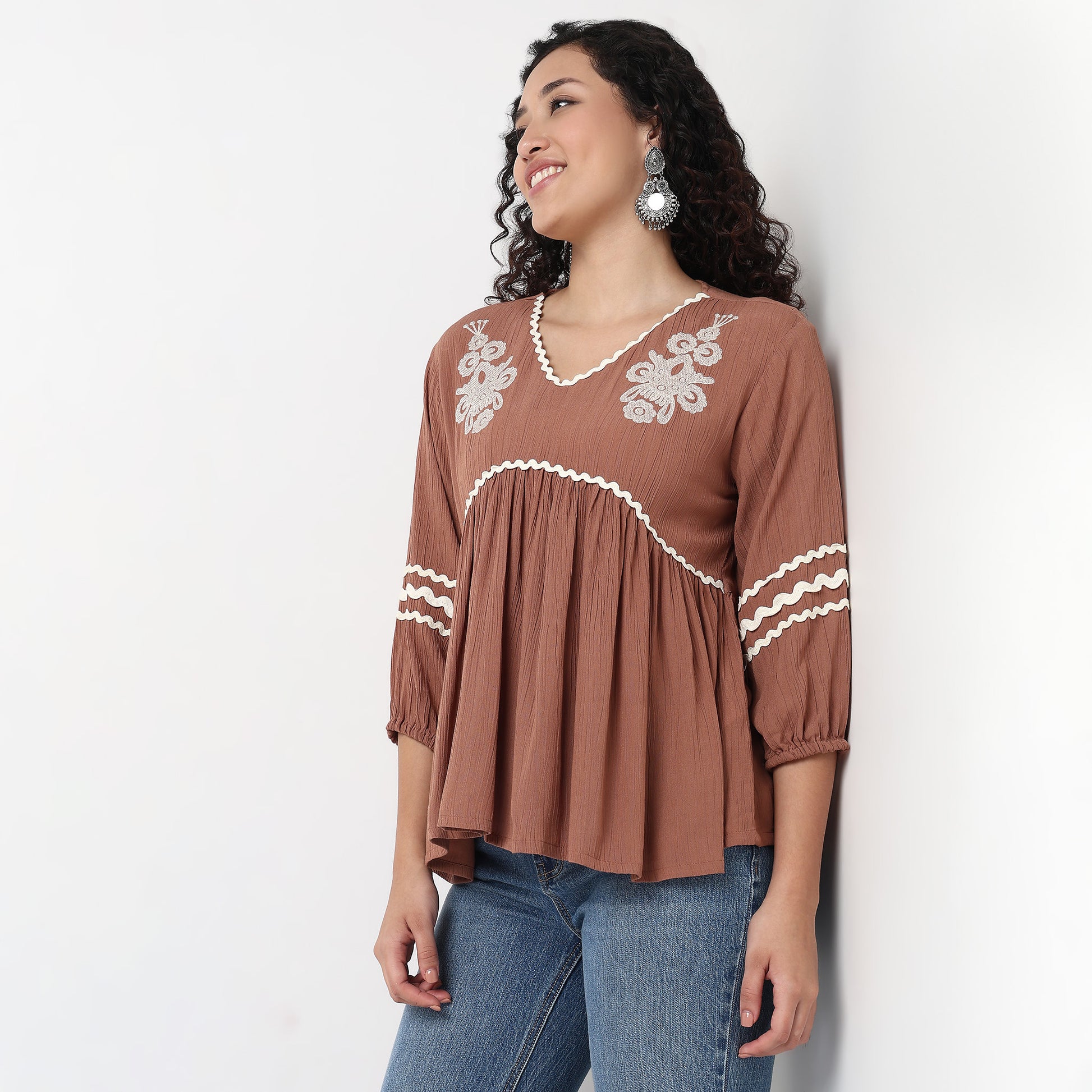 V-Neck W Cut Embroidered Top