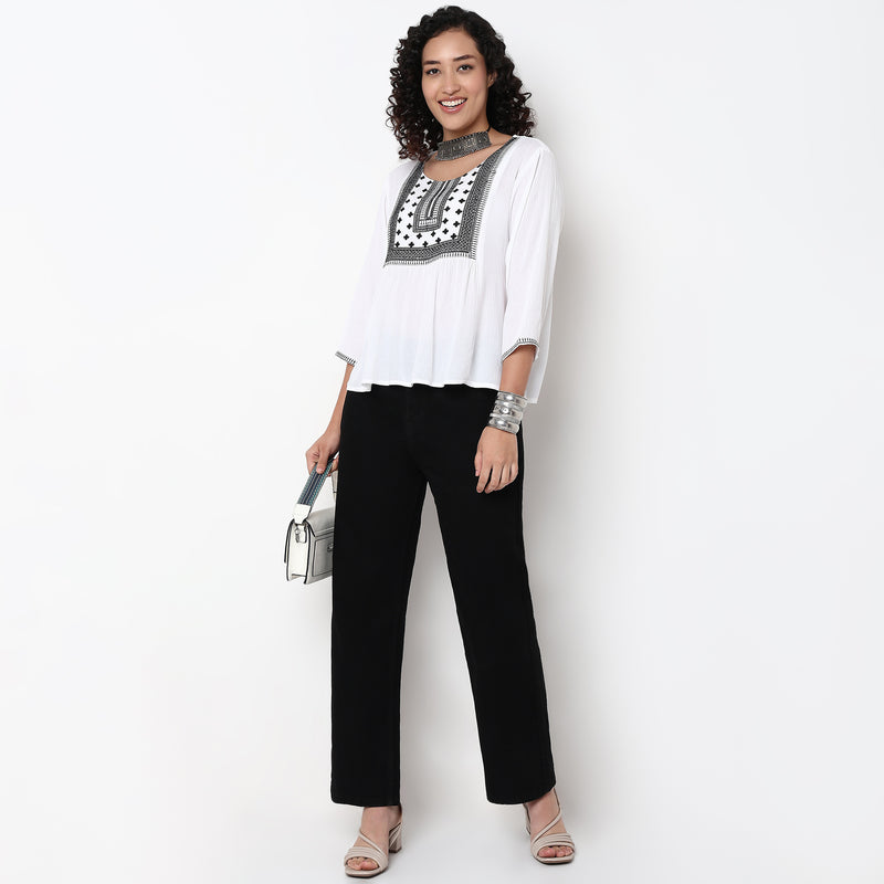 Woven Embroidered Straight Top