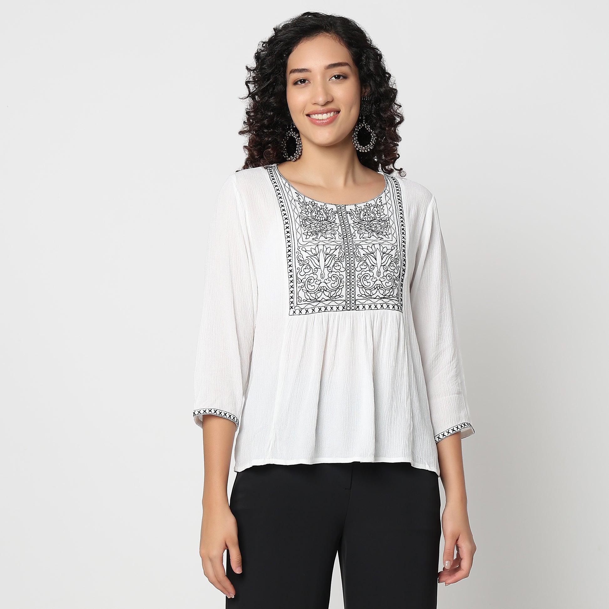 Flare Fit Embroidered Round Neck Top