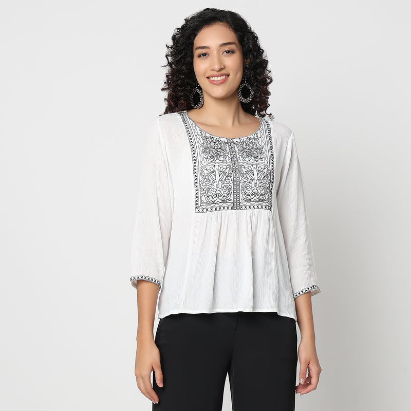 Flare Fit Embroidered Round Neck Top