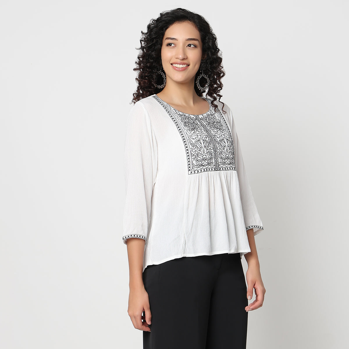 Flare Fit Embroidered Round Neck Top
