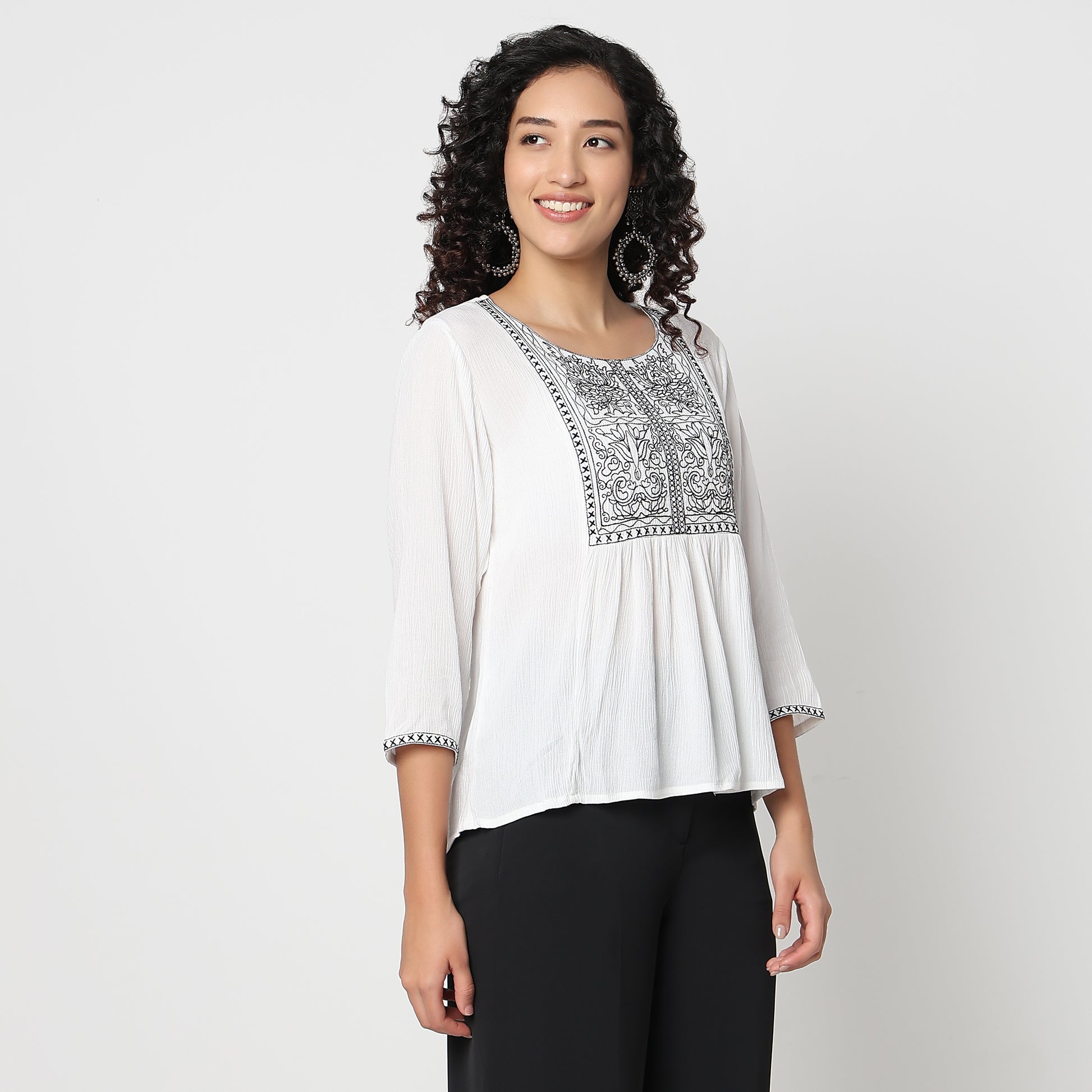 Flare Fit Embroidered Round Neck Top