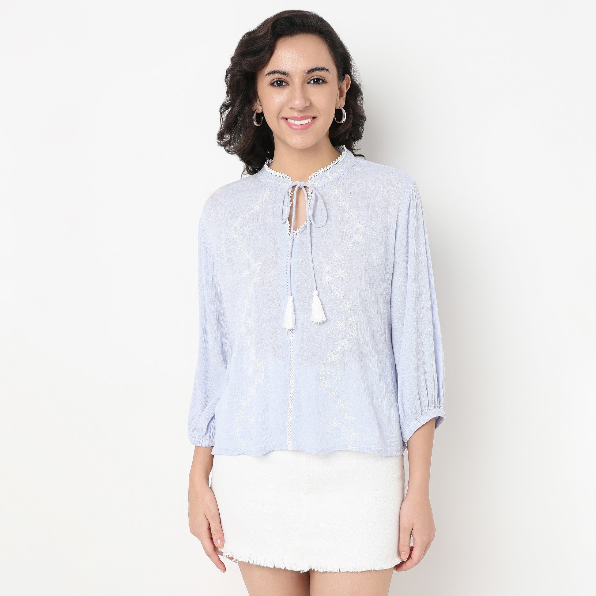 Order Now Women Embroidered Band Neck Straight Regular Fit Ethnic Wear Top by Style Union