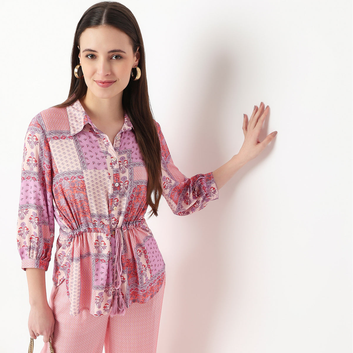 Shirt With Waist Tie Up Through Tunnel