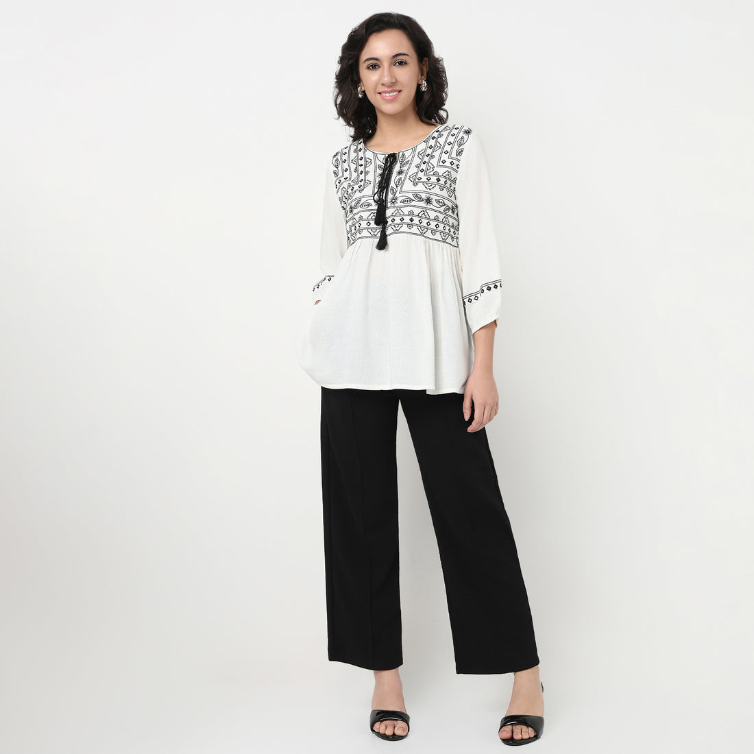 Order Now Women Embroidered Round Neck Straight Relaxed Fit Ethnic Wear Top by Style Union