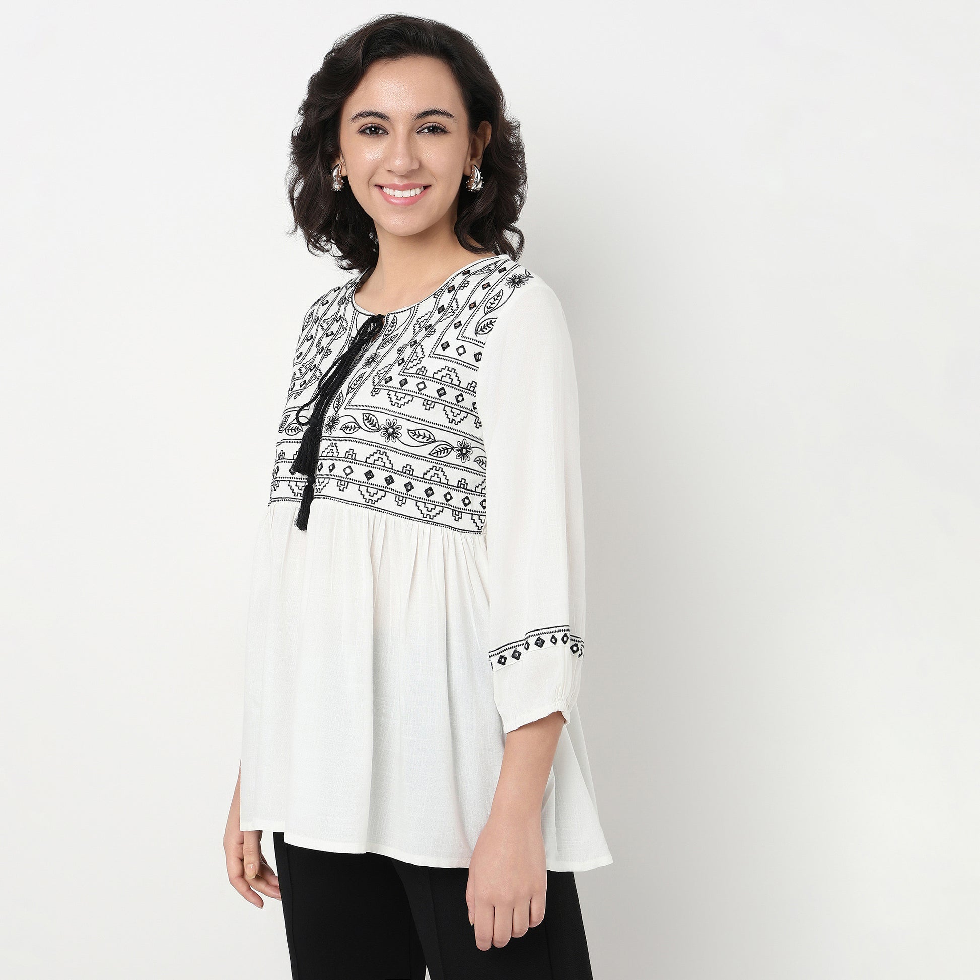 Order Now Women Embroidered Round Neck Straight Relaxed Fit Ethnic Wear Top by Style Union