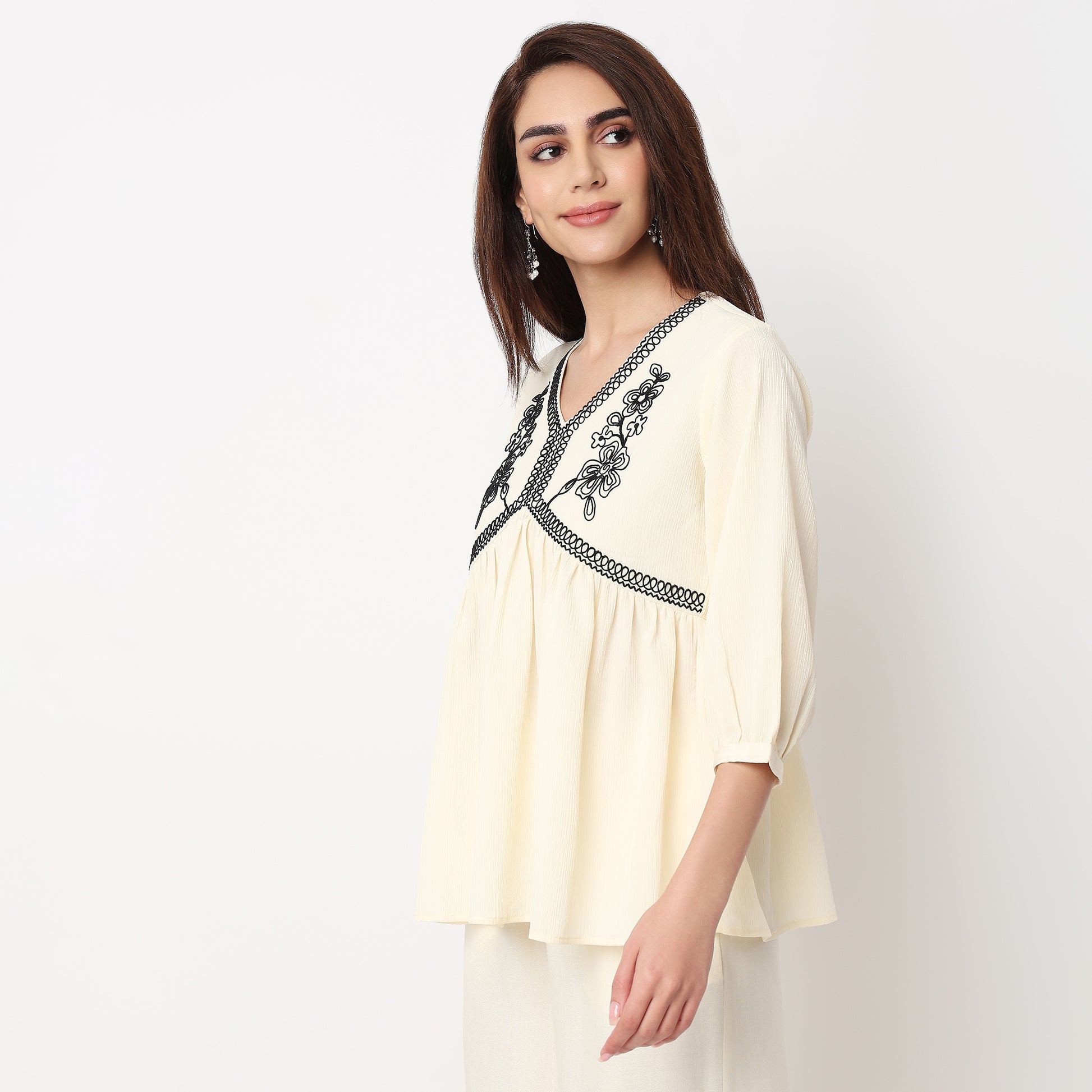 Embroidered V-Neck Alia Cut Top 