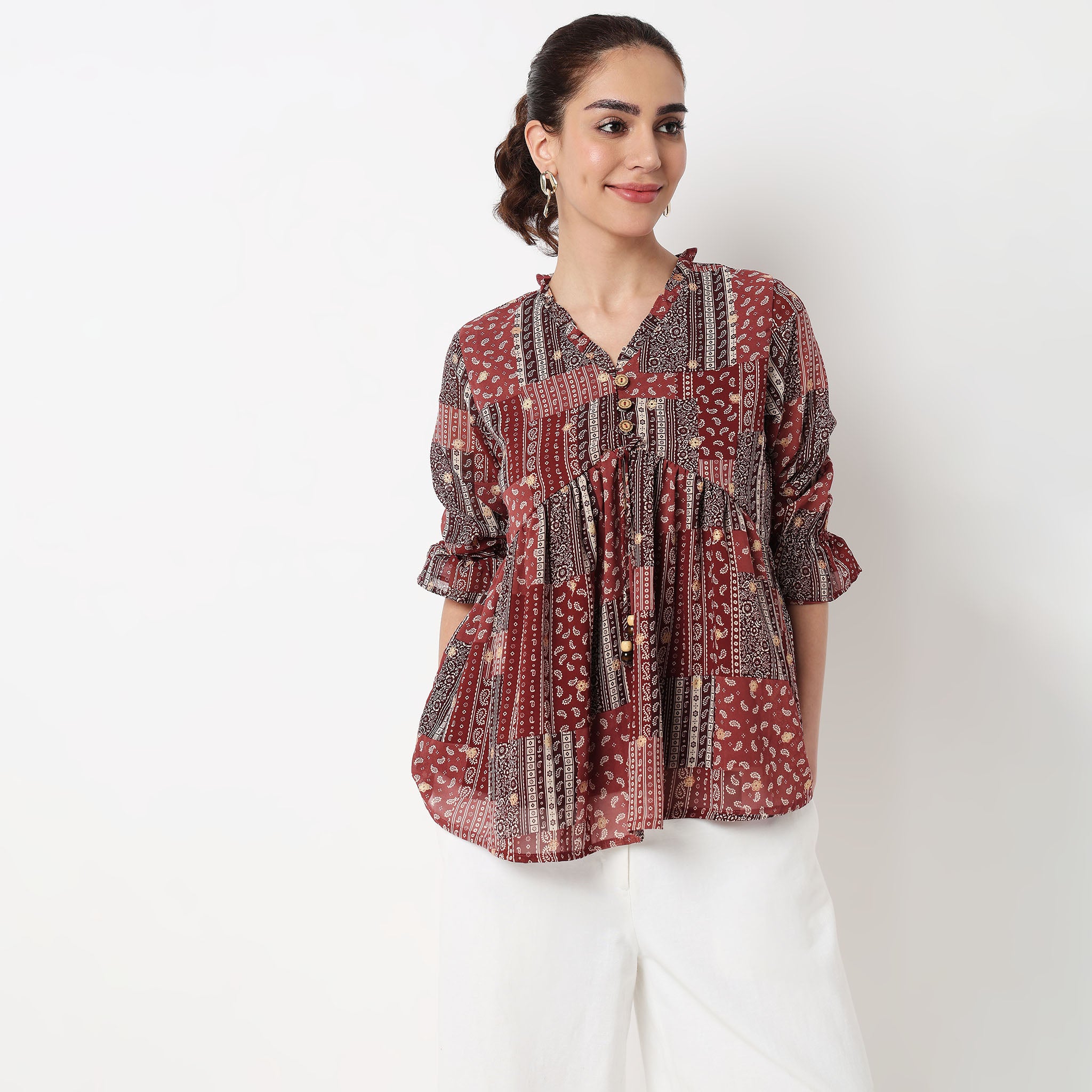 Button Down W Cut Ruffle Neckline Top 