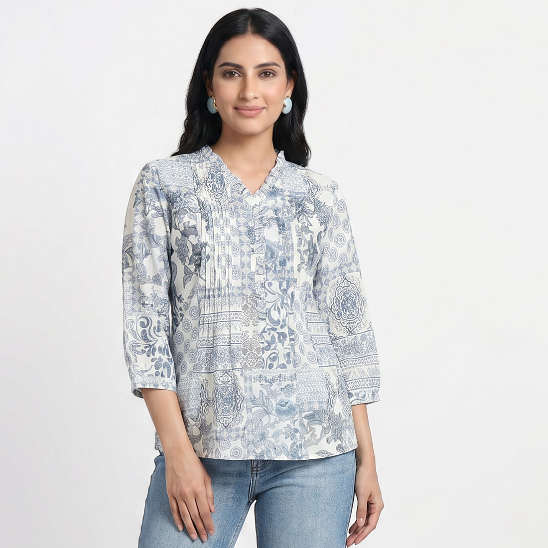 Printed V-Neck Front Pelat Ruffle Neck Top