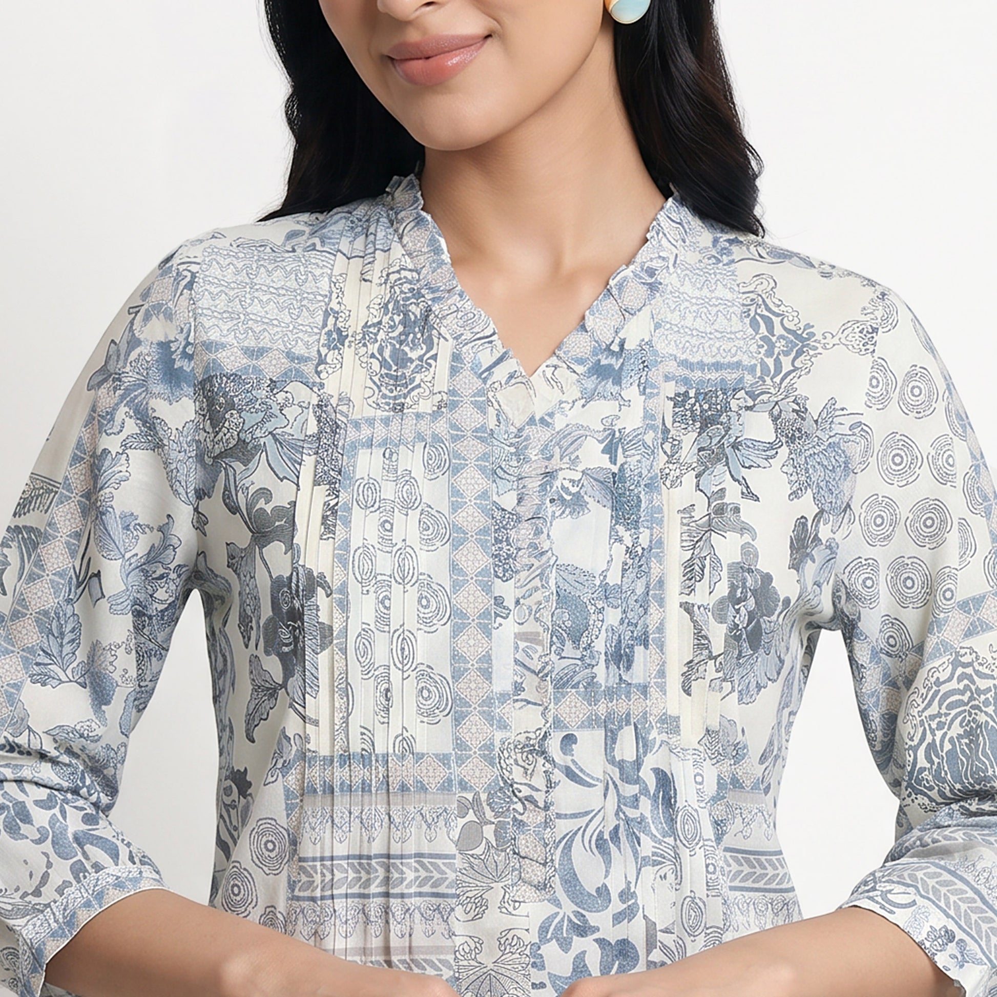 Printed V-Neck Front Pelat Ruffle Neck Top