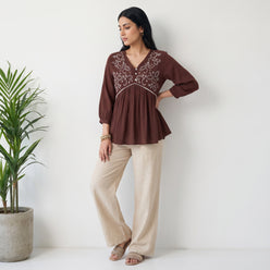 Embroidered V-Neck Flared Top