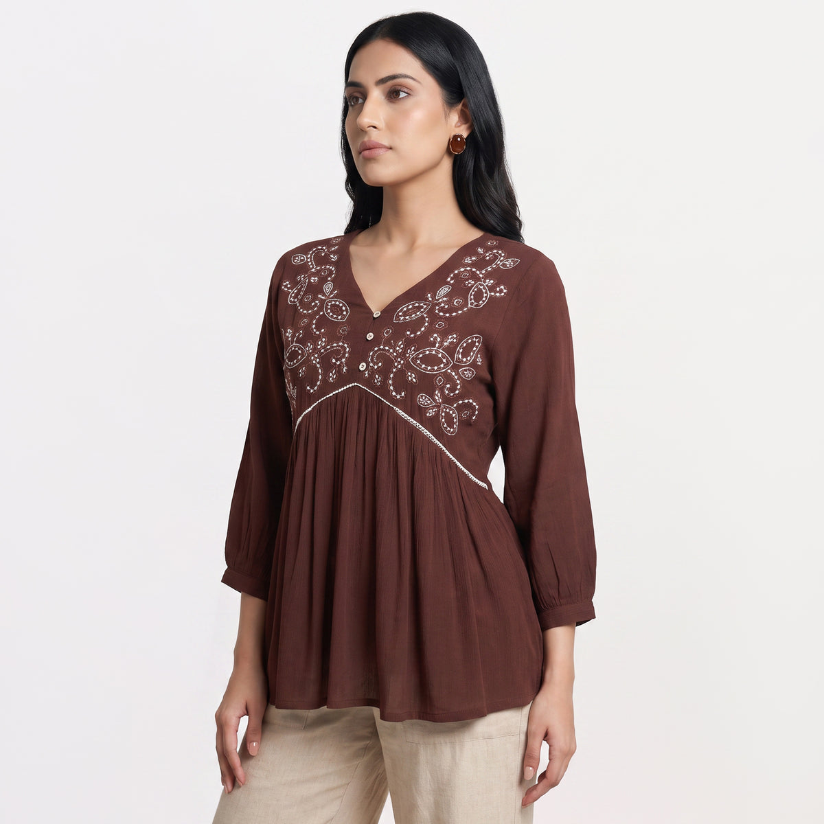 Embroidered V-Neck Flared Top