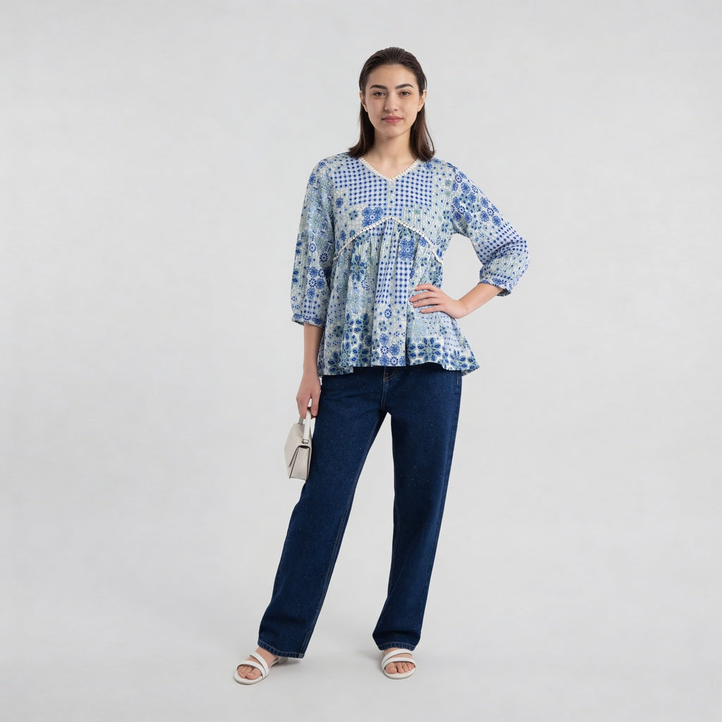 V-Neck Printed Flared W Cut Top