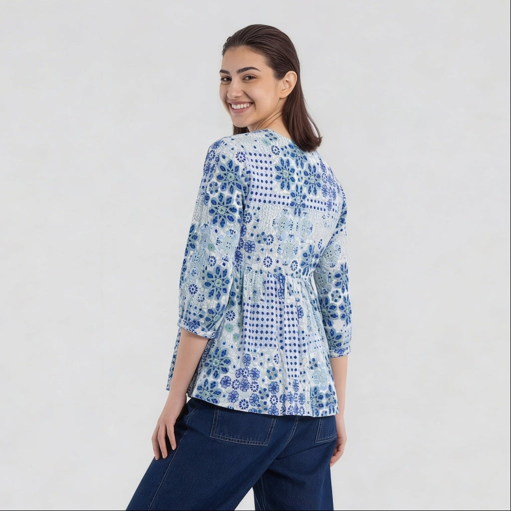 V-Neck Printed Flared W Cut Top