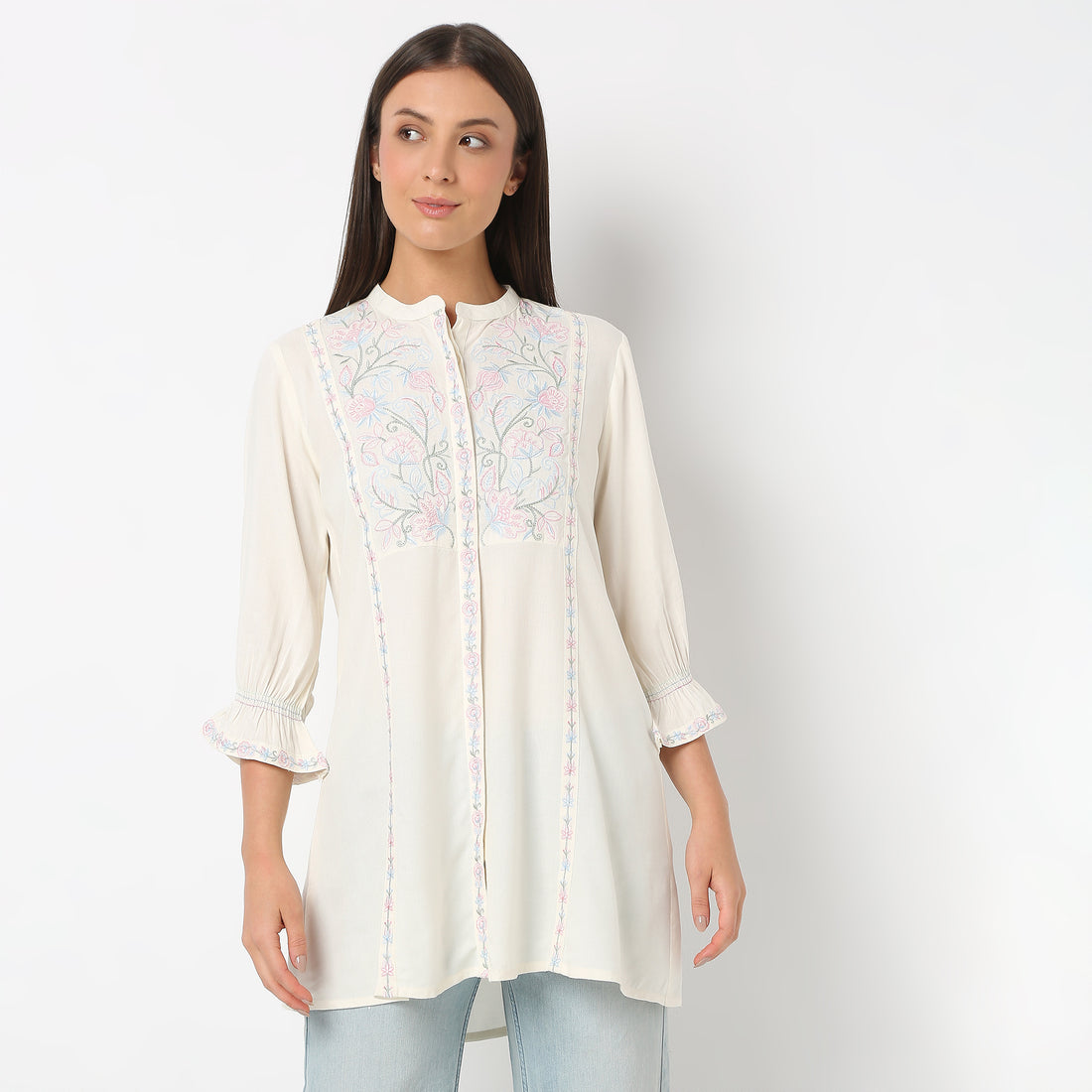 Embroidered Band Neck Short Length Three-Fourth Sleeve Flare Fit Tunic